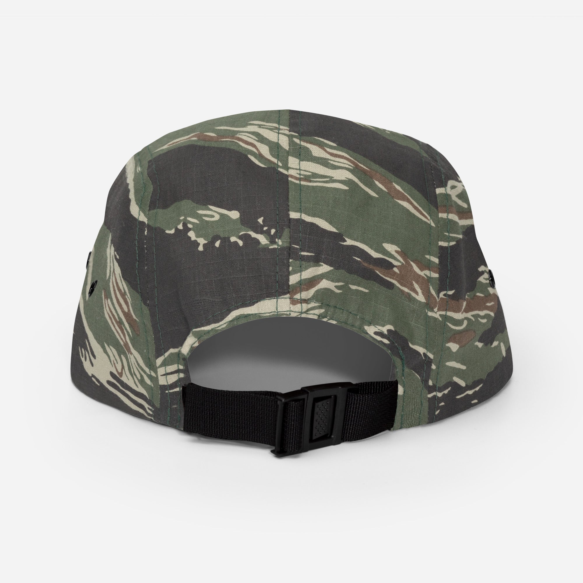Back view of Green Tiger Camo Ratbag Moto Five Panel Cap with adjustable strap closure