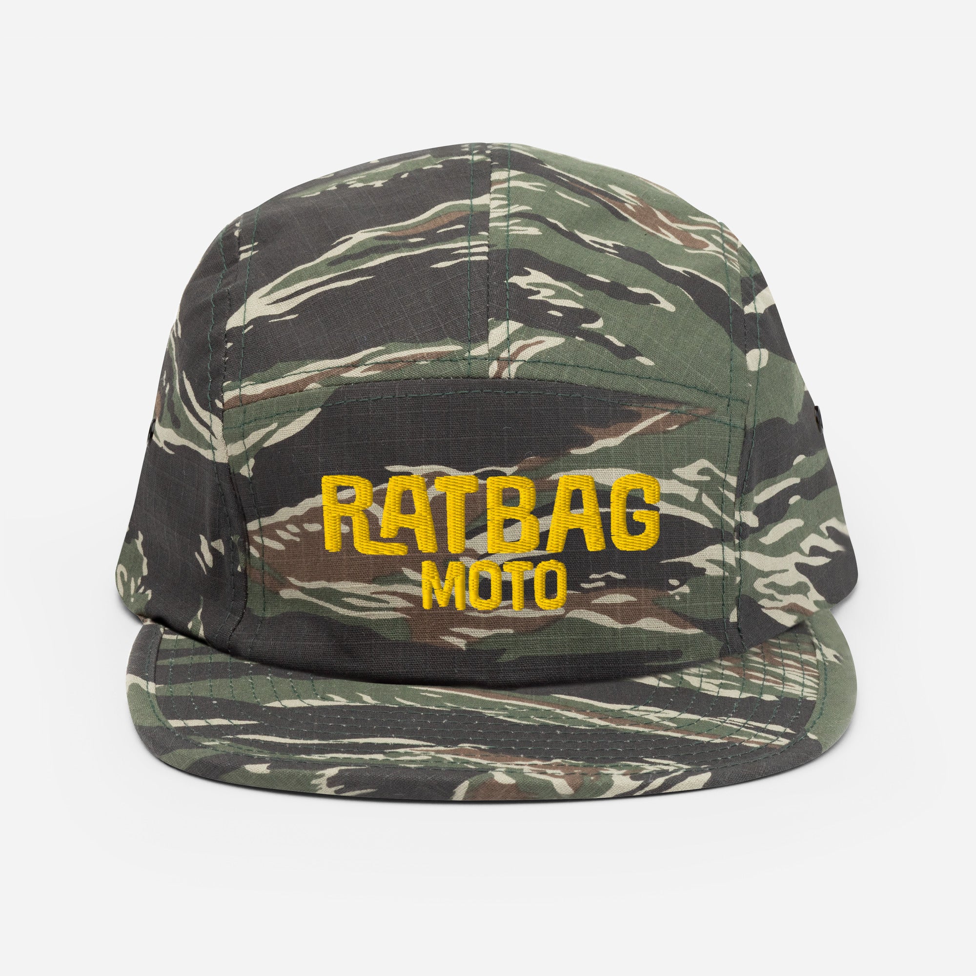 Ratbag Moto Five Panel Cap in Green Tiger Camo with gold embroidered Ratbag Moto lettering
