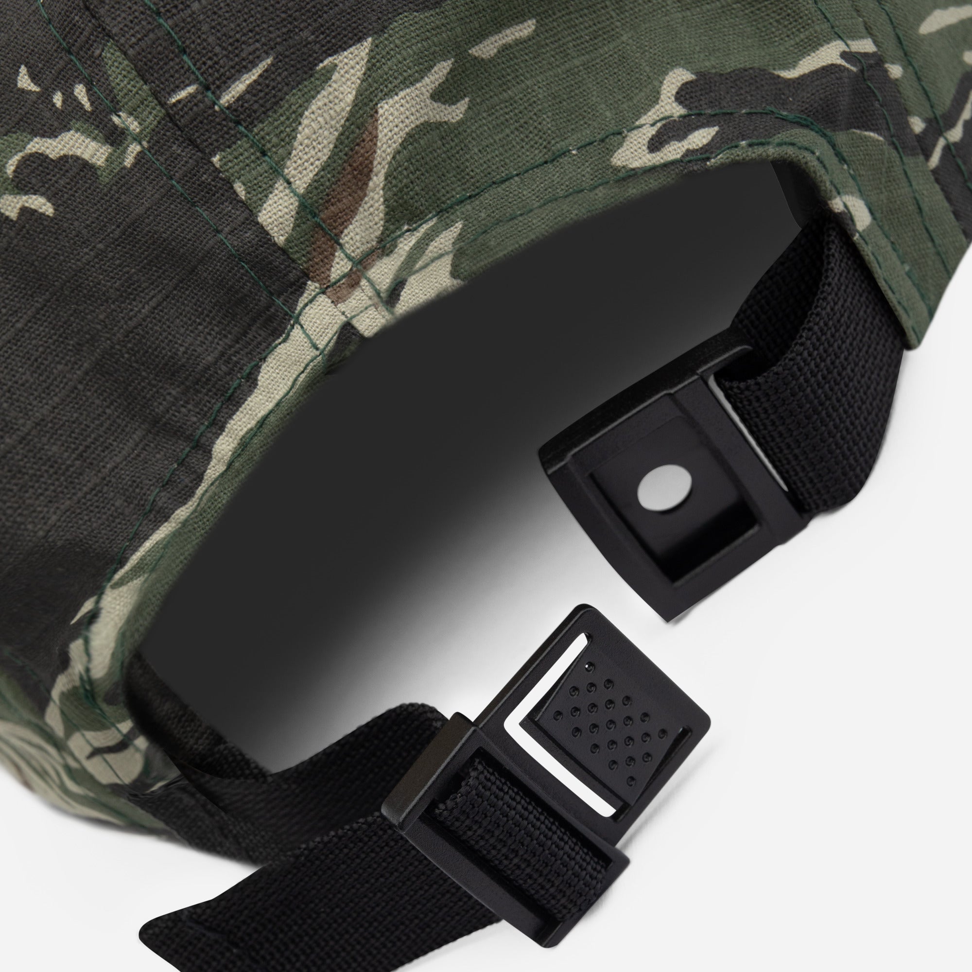 Close-up of Green Tiger Camo Ratbag Moto Five Panel Cap adjustable strap buckle