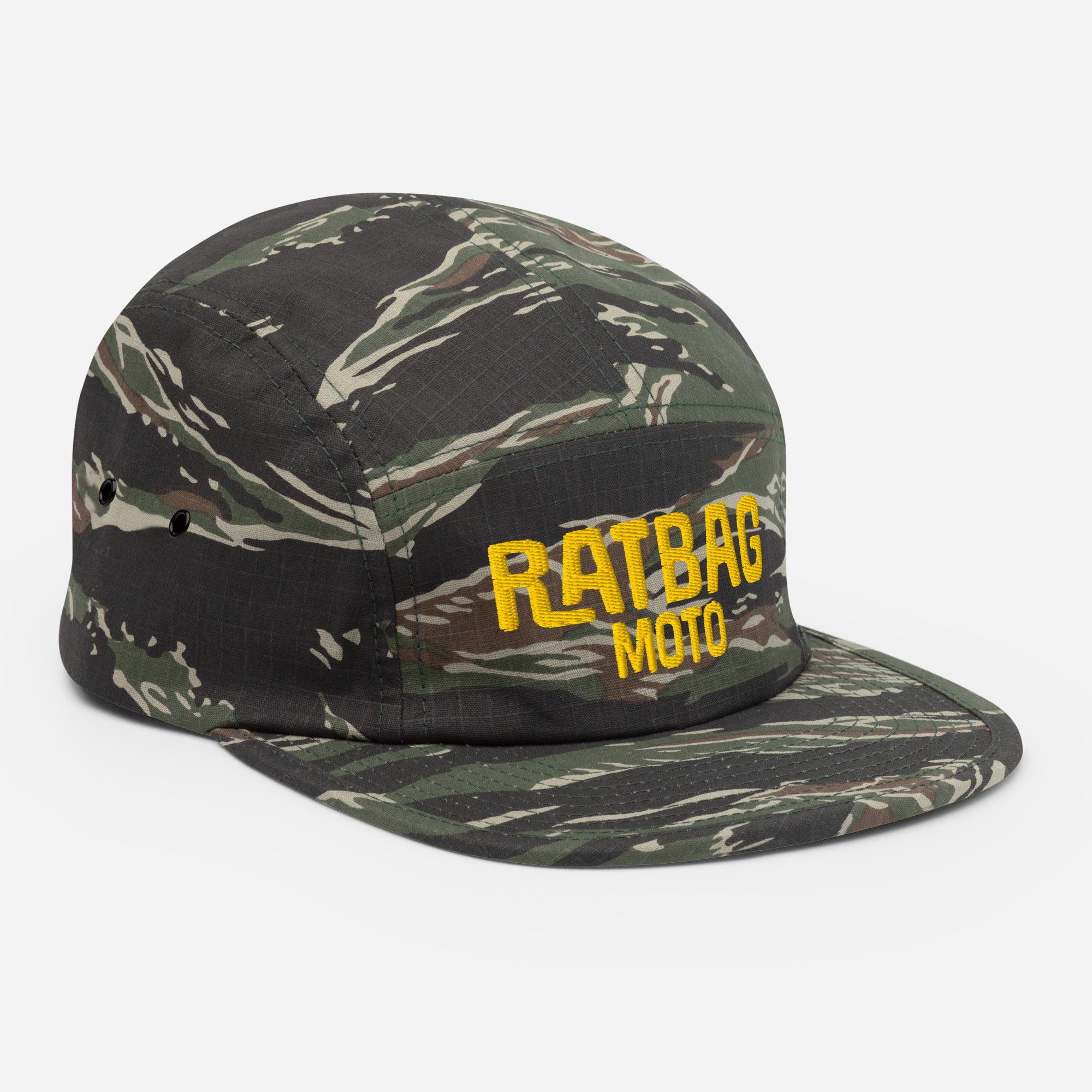 Three-quarter view of Green Tiger Camo Ratbag Moto Five Panel Cap with embroidered Ratbag Moto lettering