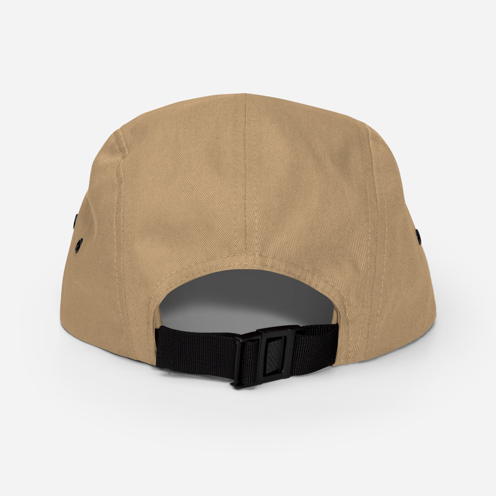 Back view of khaki Ratbag Moto Five Panel Cap with adjustable strap closure