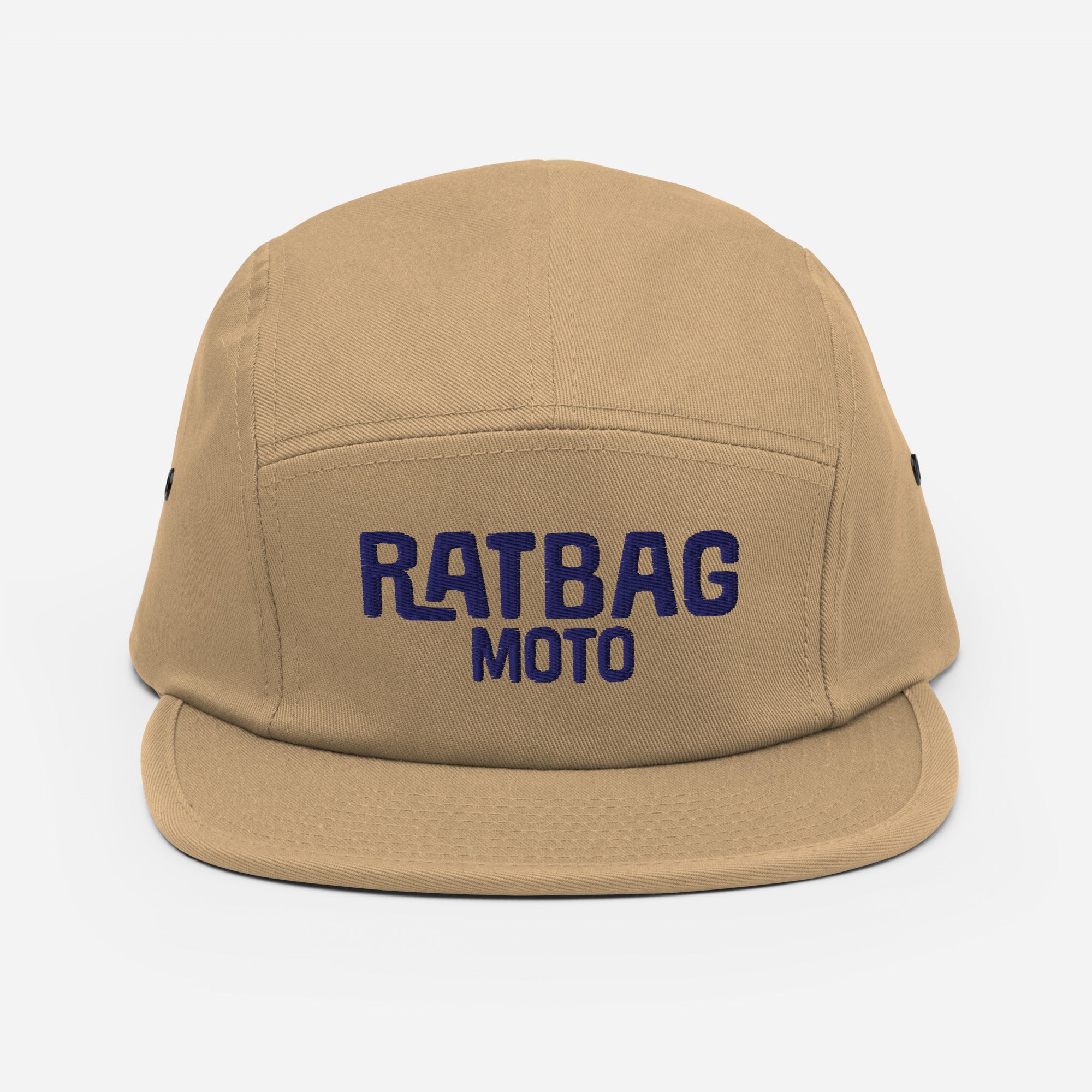 Ratbag Moto Five Panel Cap in Khaki with navy embroidered Ratbag Moto lettering