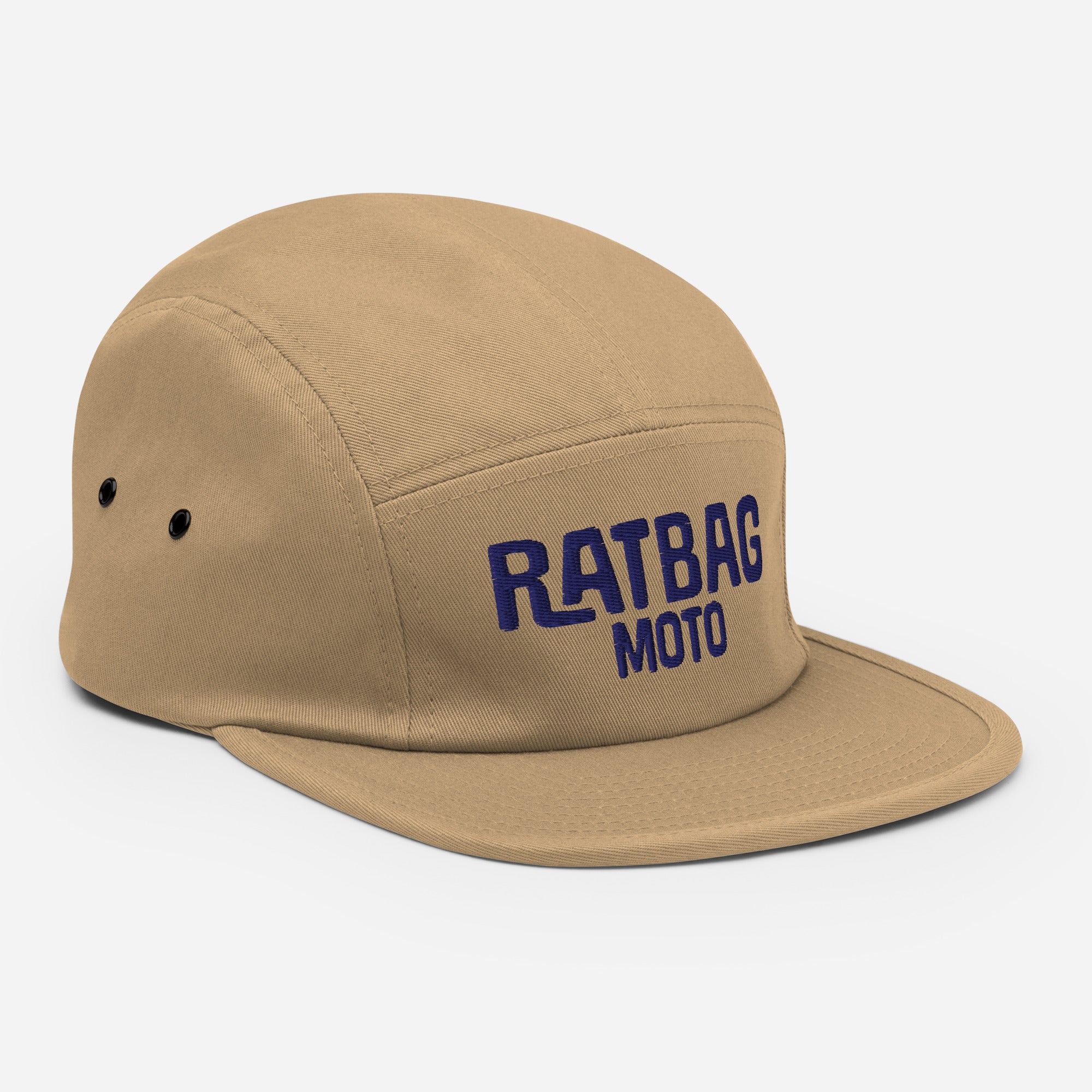 Three-quarter view of khaki Ratbag Moto Five Panel Cap with embroidered Ratbag Moto lettering