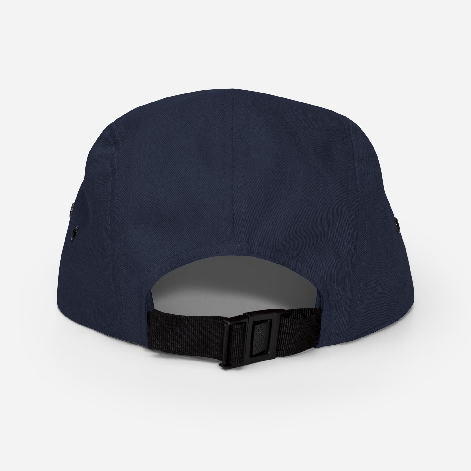 Back view of navy Ratbag Moto Five Panel Cap with adjustable strap closure