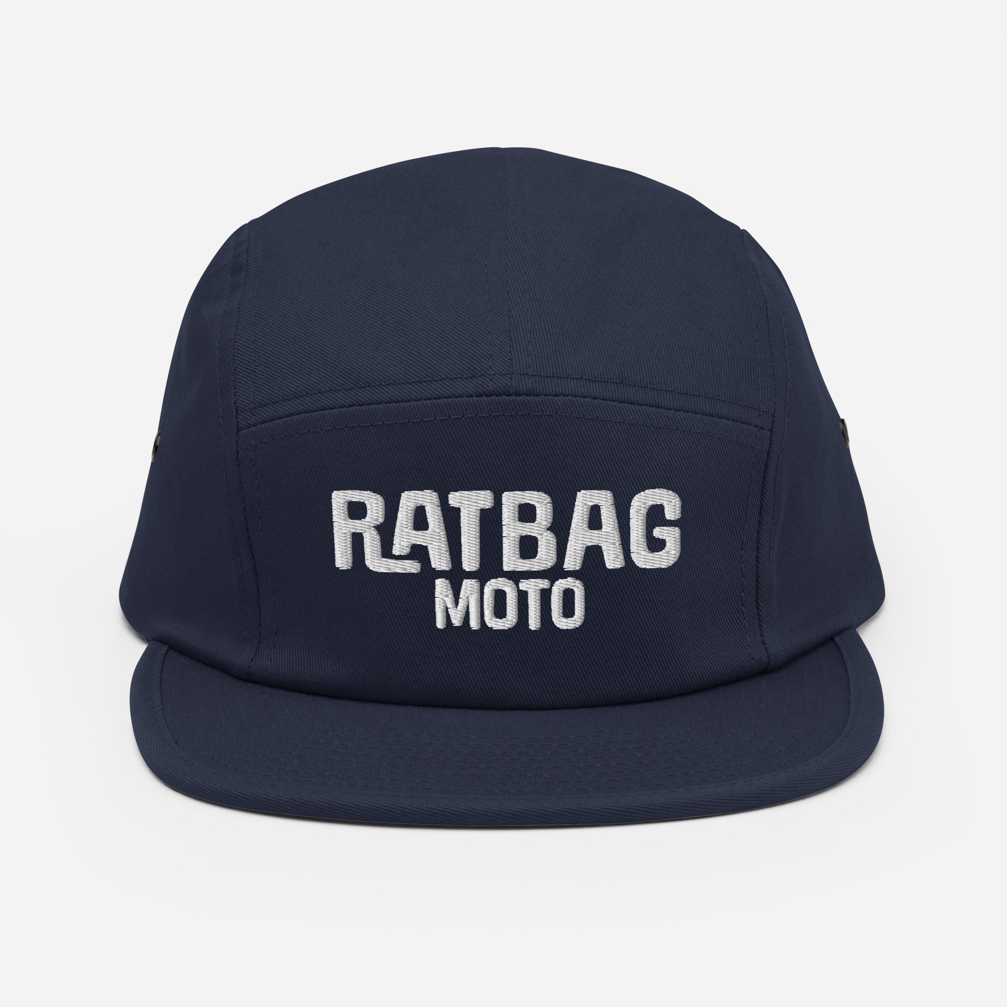 Ratbag Moto Five Panel Cap in Navy with white embroidered Ratbag Moto lettering