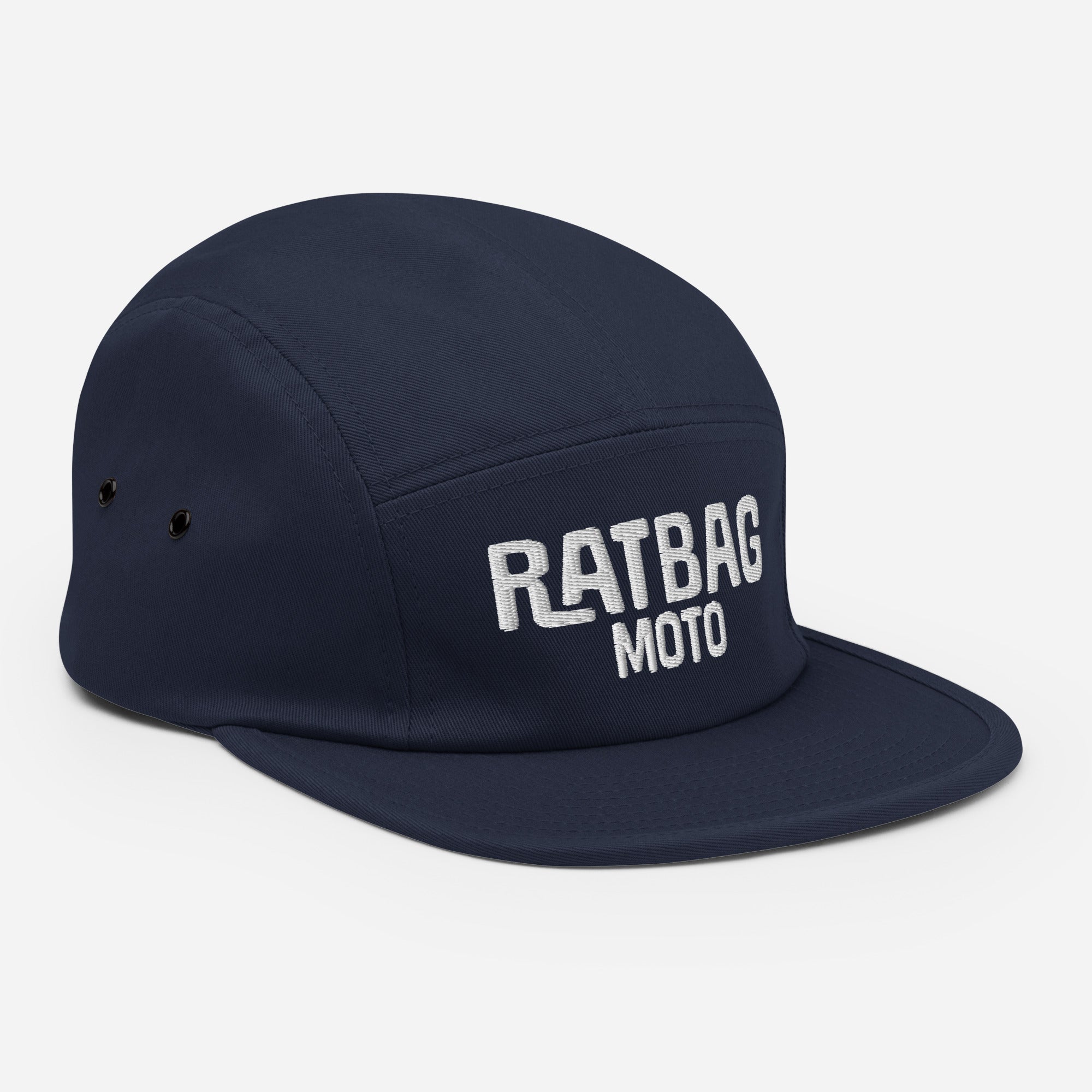 Three-quarter view of navy Ratbag Moto Five Panel Cap with embroidered Ratbag Moto lettering