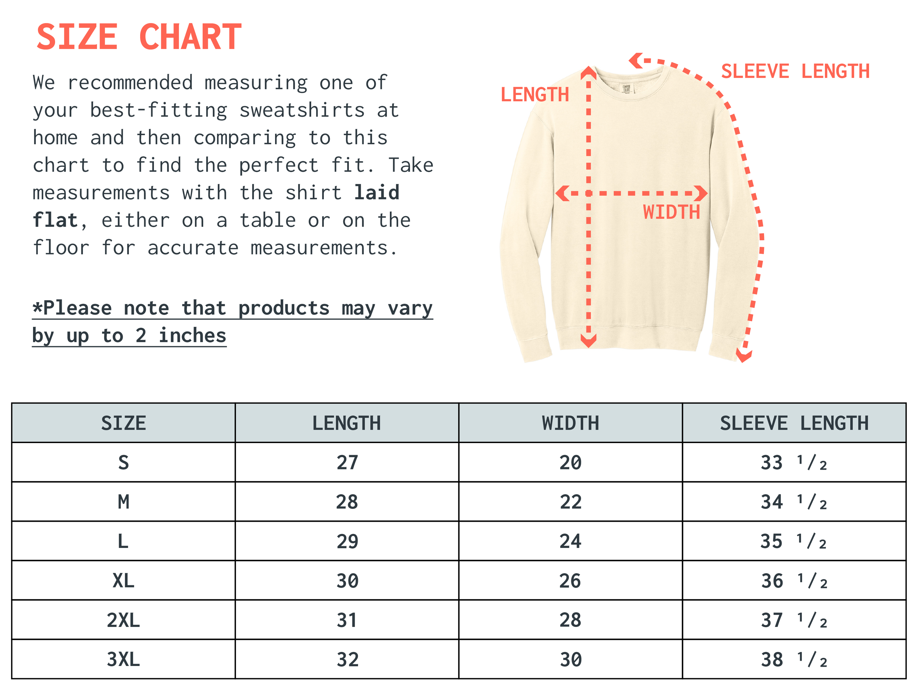 Size chart for relaxed unisex garment-dyed crewneck sweatshirt with measurement guide
