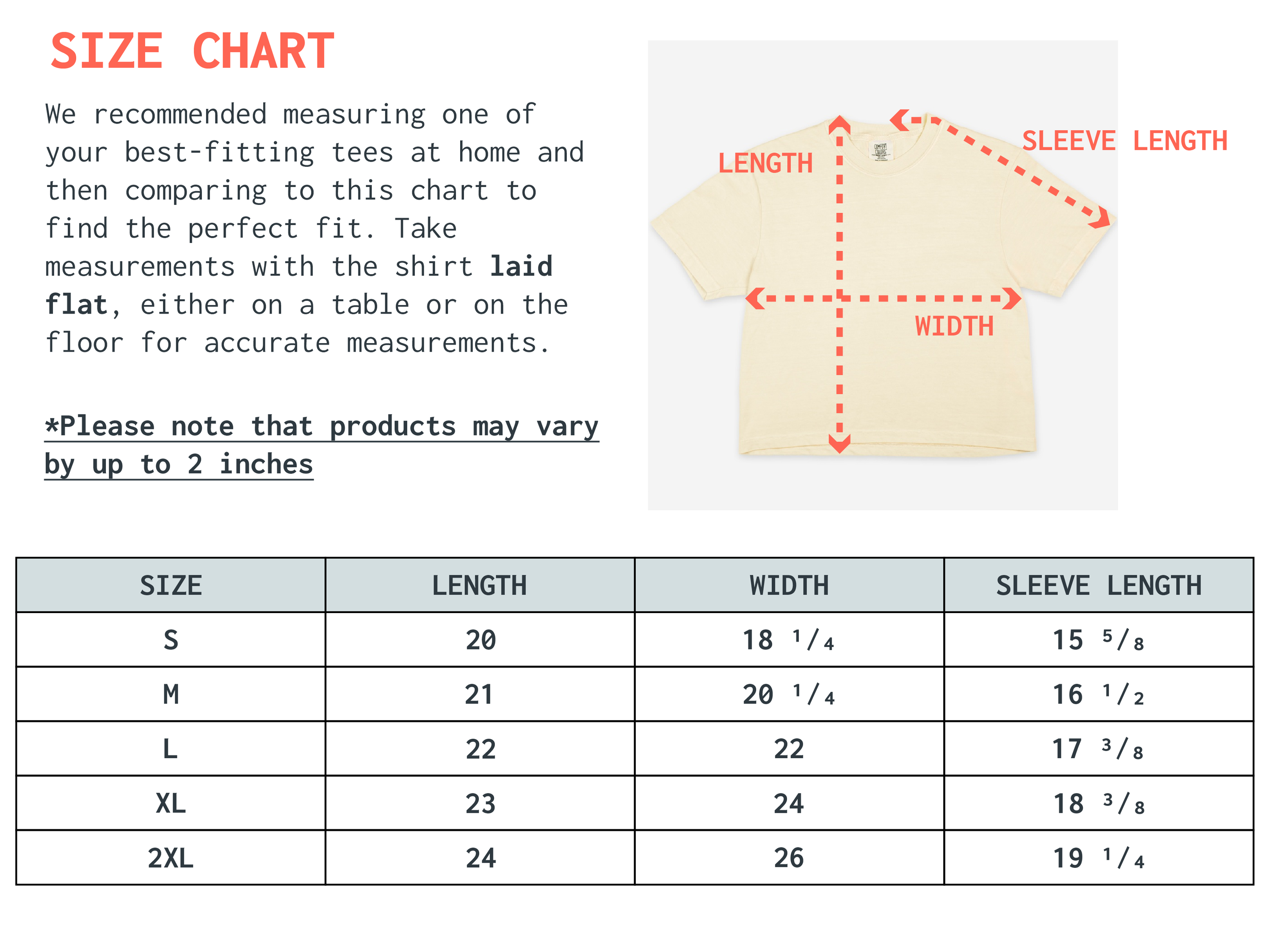 Size chart for women’s mid-length boxy t-shirt with measurement guide