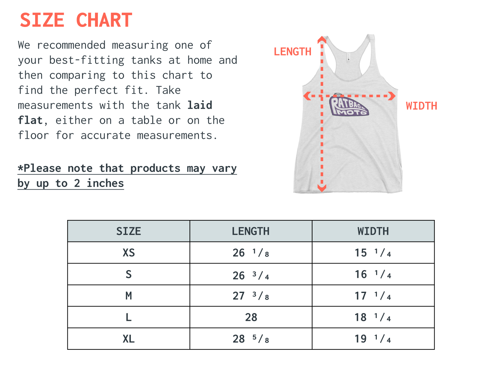 Women’s racerback tank top size chart with garment width and length measurements for sizes XS through XL