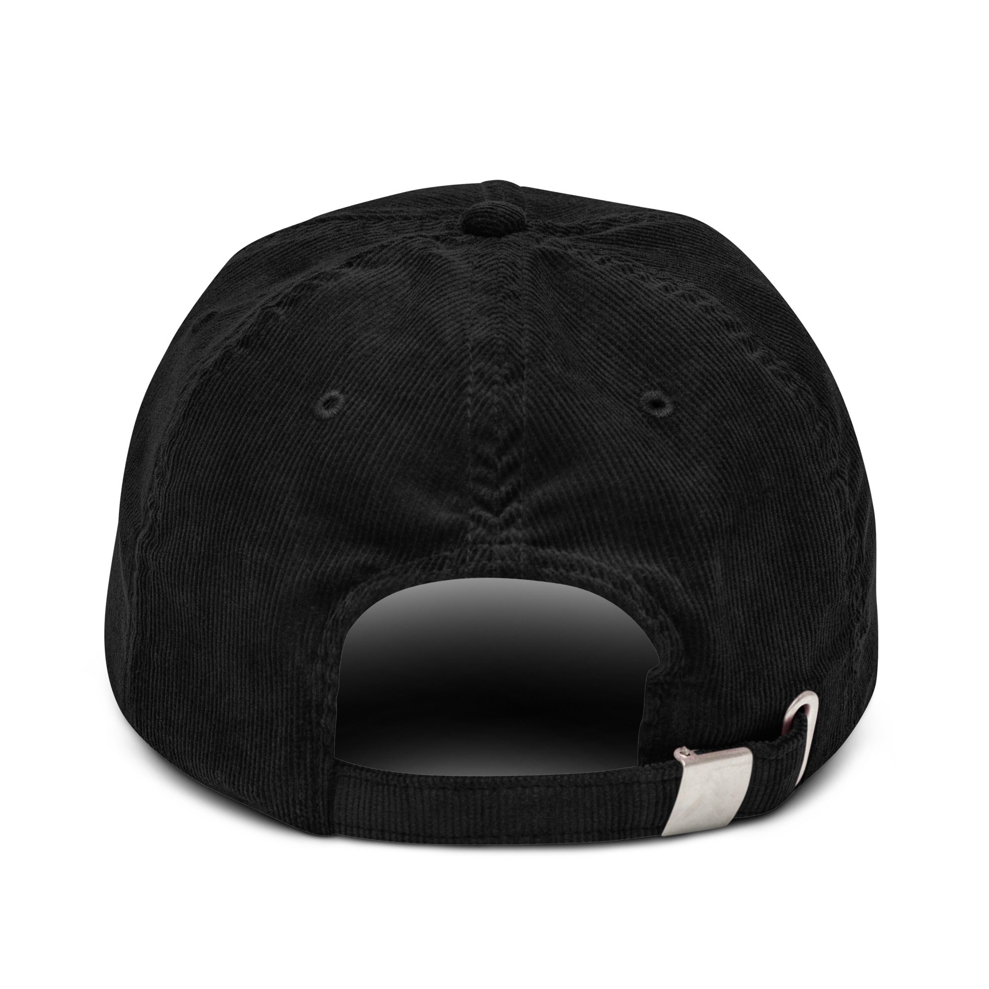 Back view of black Parts & Service Corduroy Hat with adjustable buckle closure