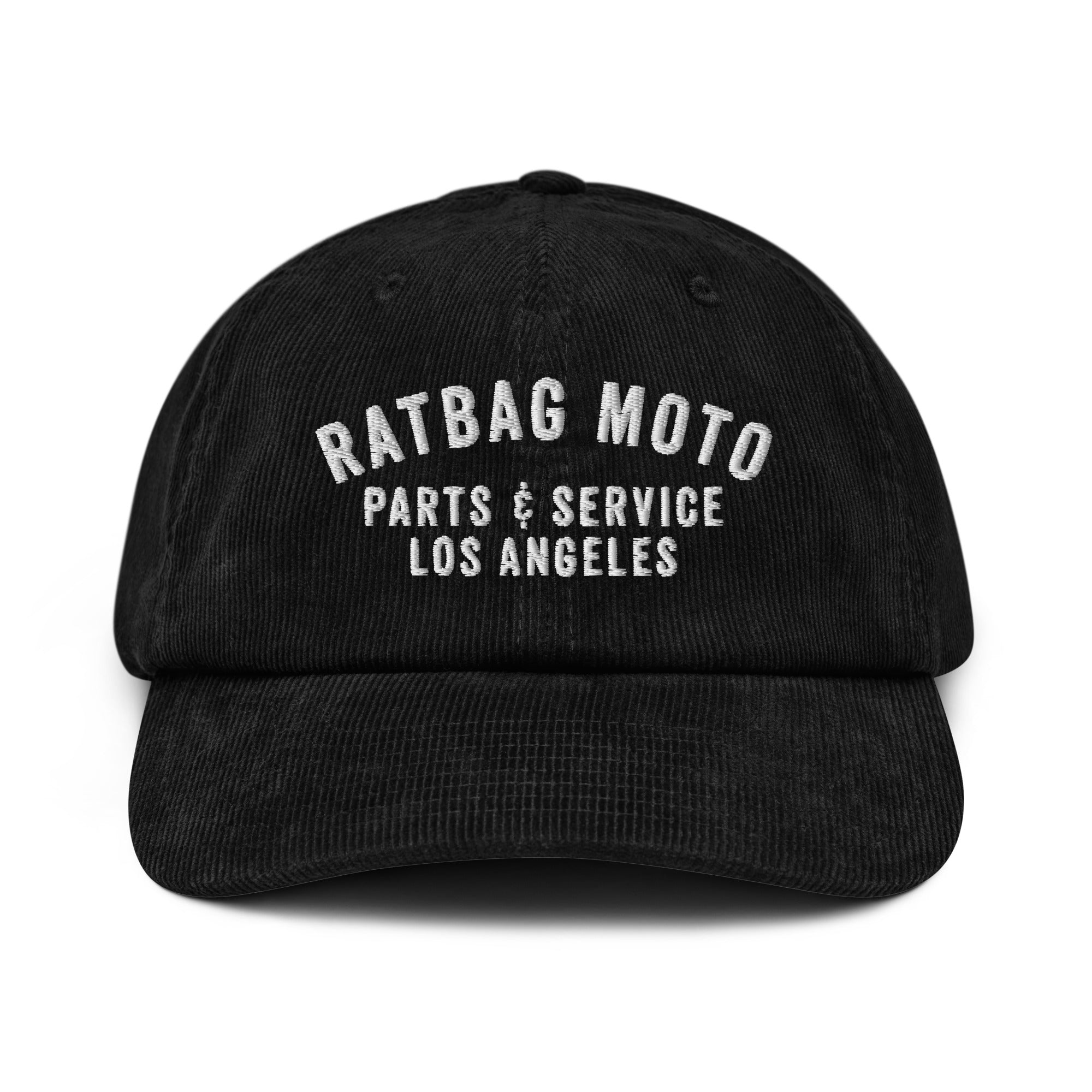 Parts & Service Corduroy Hat in Black with white embroidered Ratbag Moto Parts & Service artwork