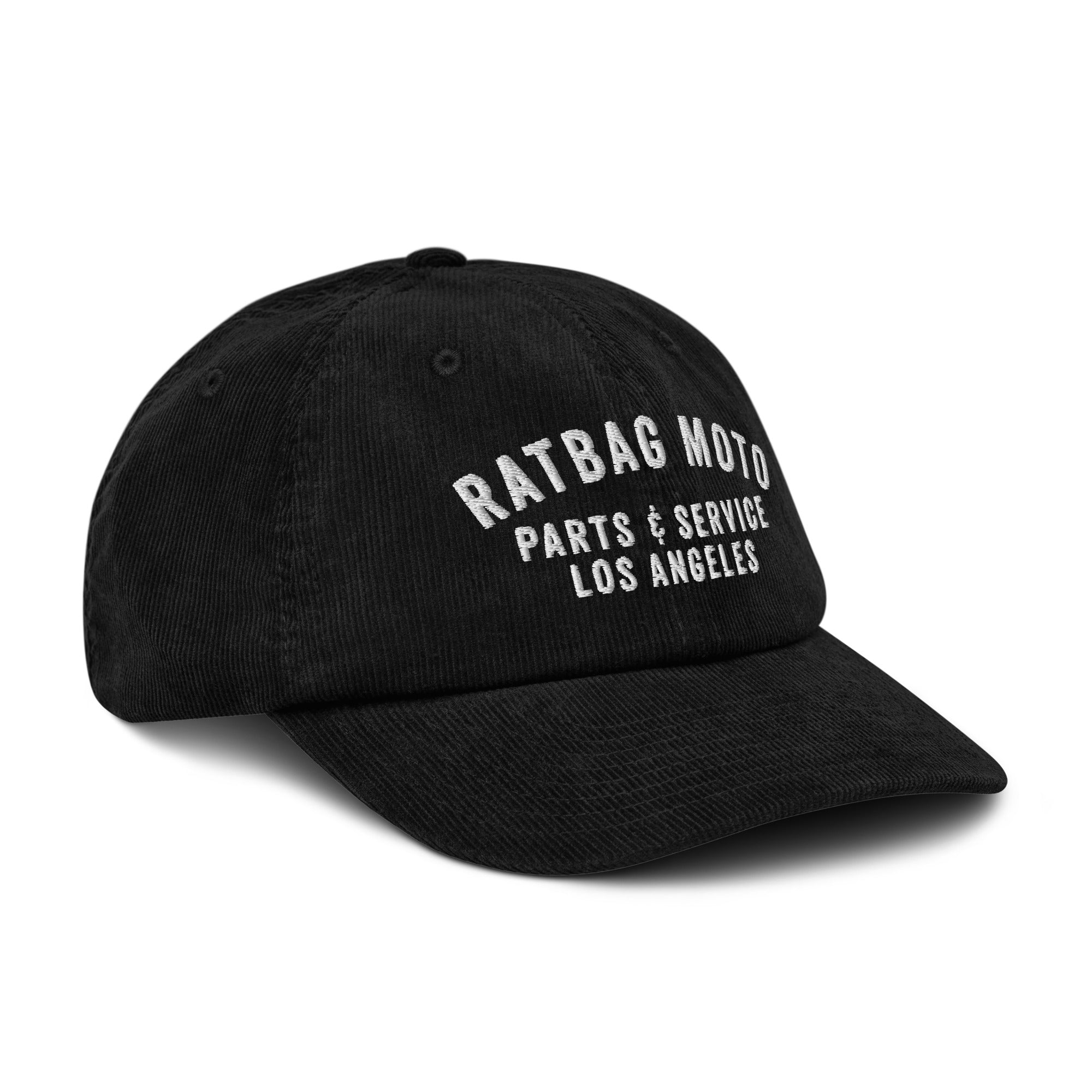 Three-quarter view of black Parts & Service Corduroy Hat with embroidered Ratbag Moto artwork