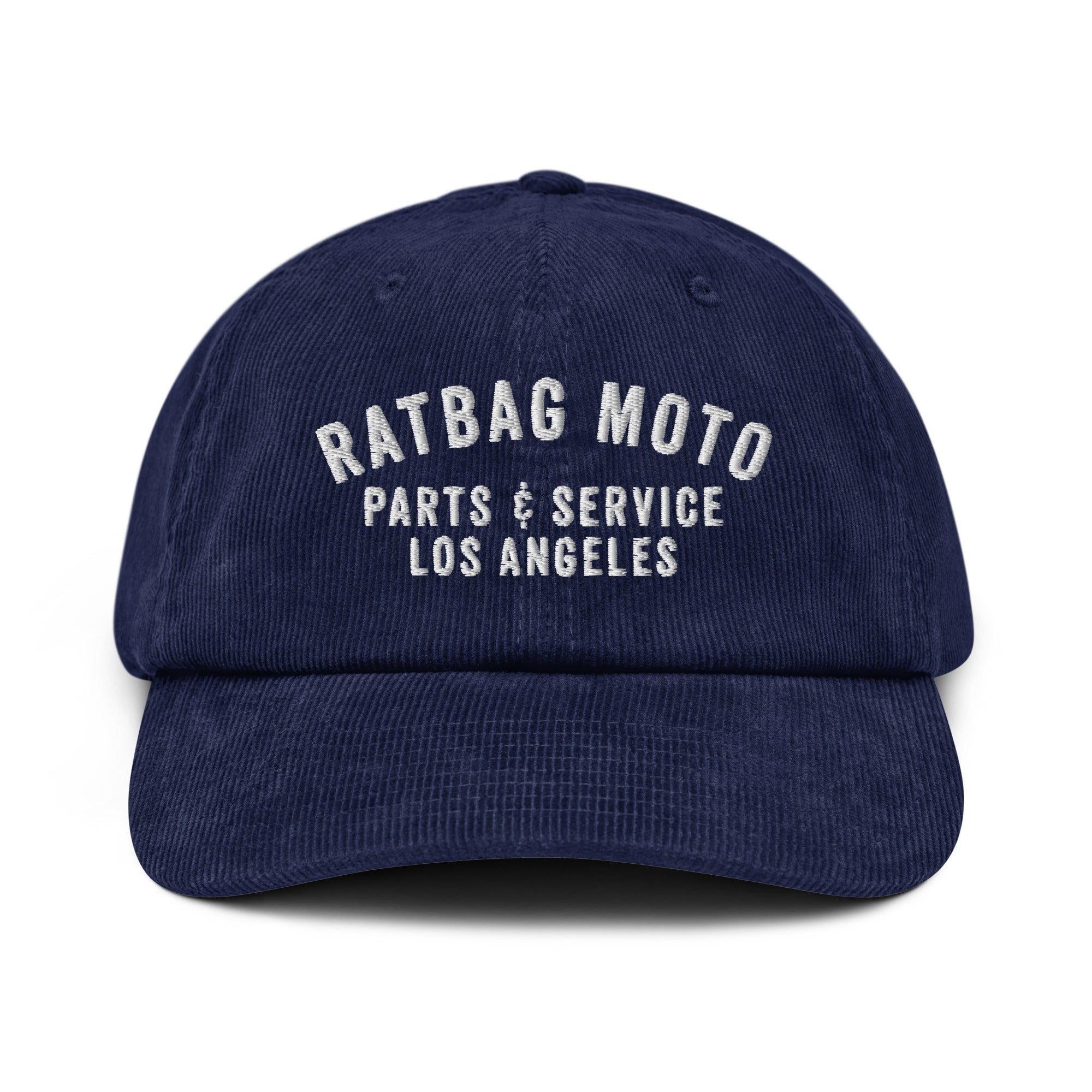 Parts & Service Corduroy Hat in Oxford Navy with white embroidered Ratbag Moto Parts & Service artwork