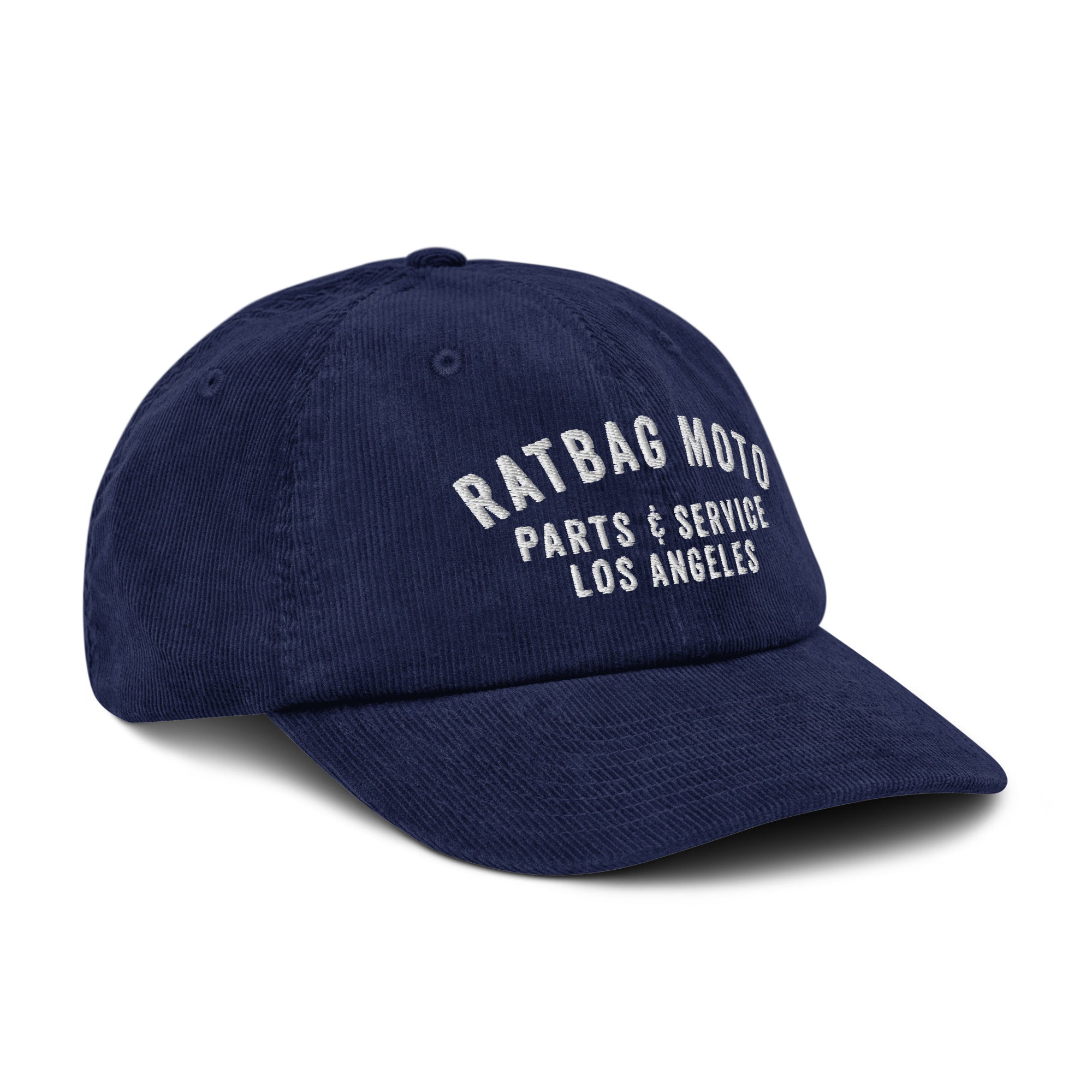 Three-quarter view of Oxford Navy Parts & Service Corduroy Hat with embroidered Ratbag Moto artwork