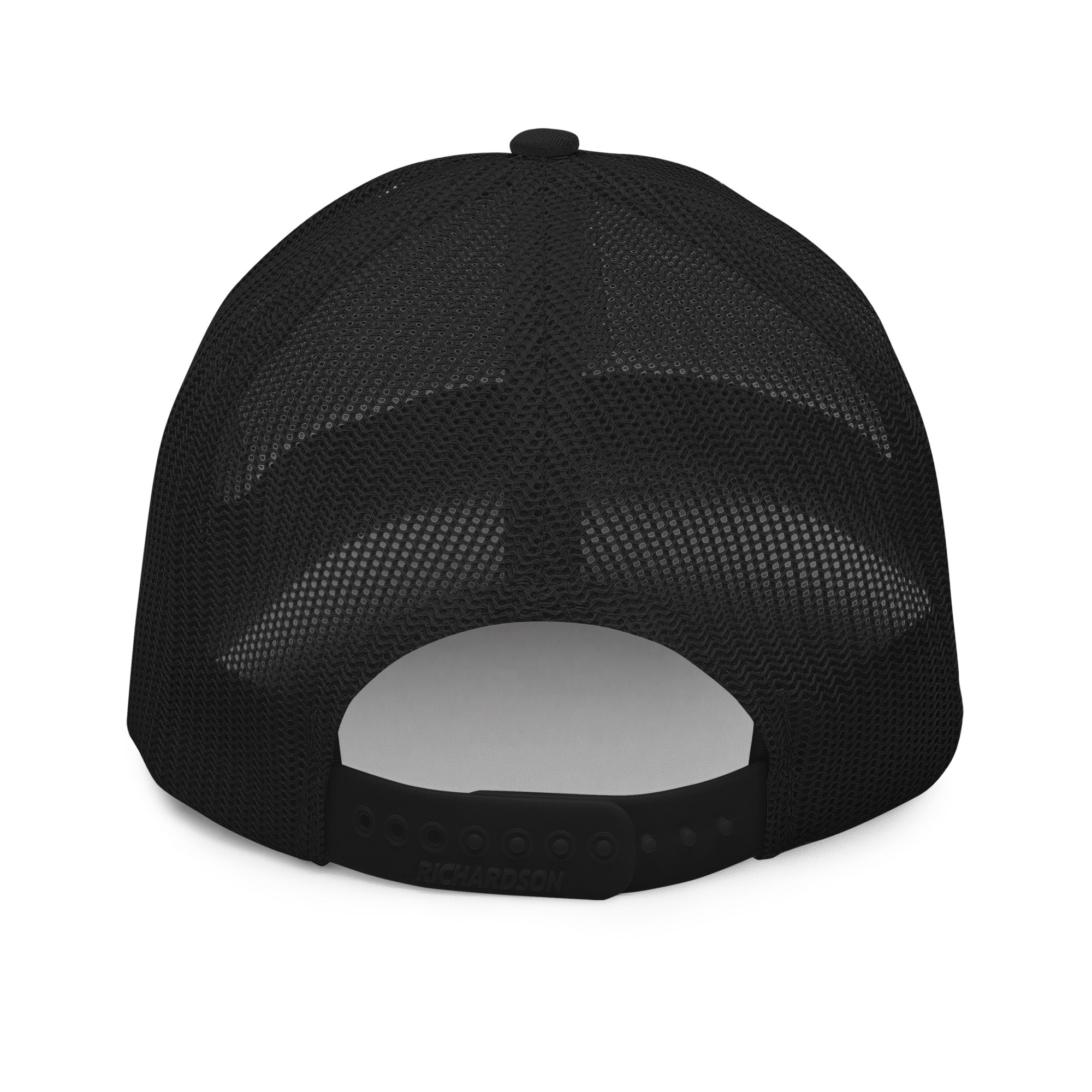 Back view of black Ratbag Moto Trucker Cap with snapback mesh design