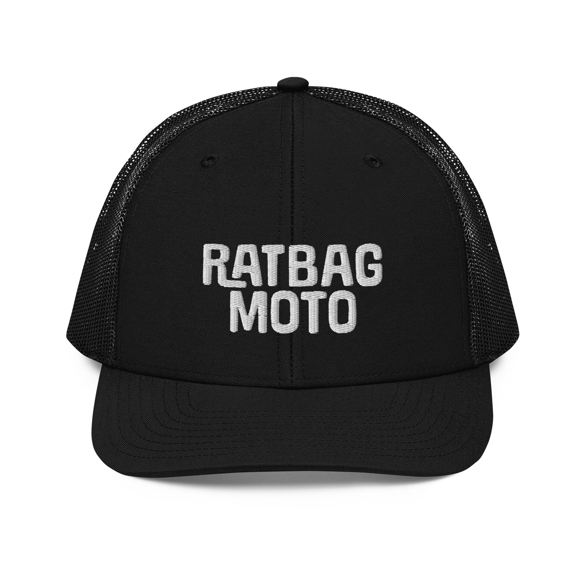 Ratbag Moto Trucker Cap in Black with embroidered Ratbag Moto logomark
