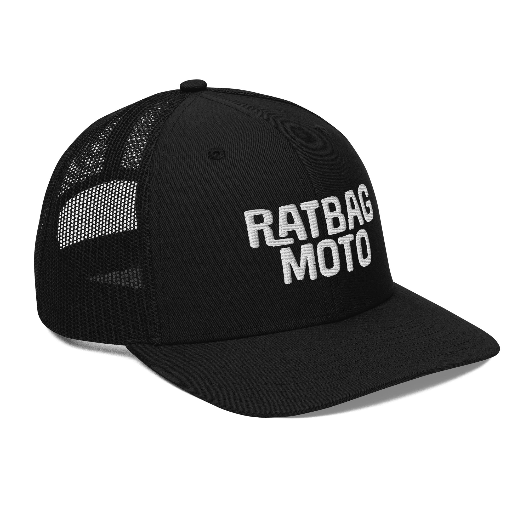 Three-quarter view of black Ratbag Moto Trucker Cap with embroidered Ratbag Moto logomark