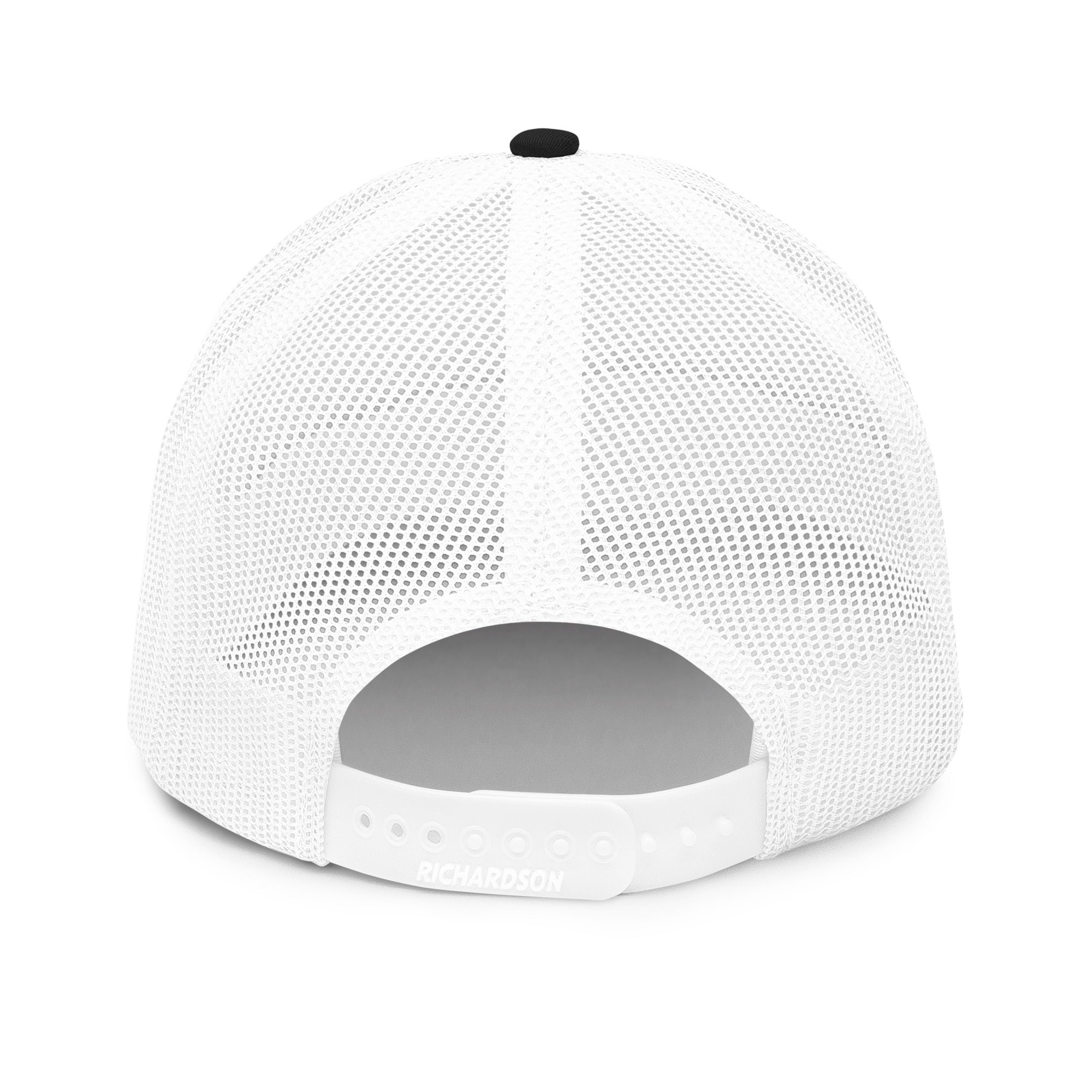Back view of Black/White Ratbag Moto Trucker Cap with snapback mesh design