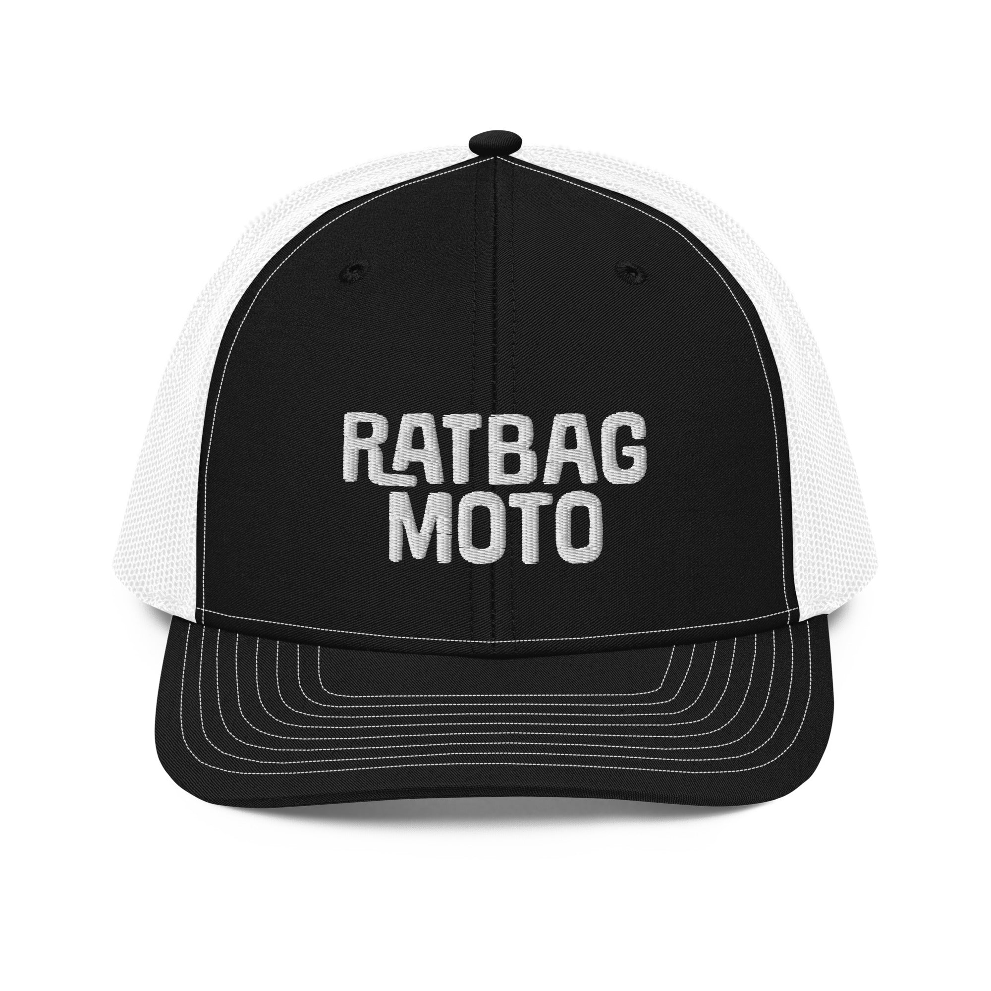 Ratbag Moto Trucker Cap in Black/White with embroidered Ratbag Moto logomark