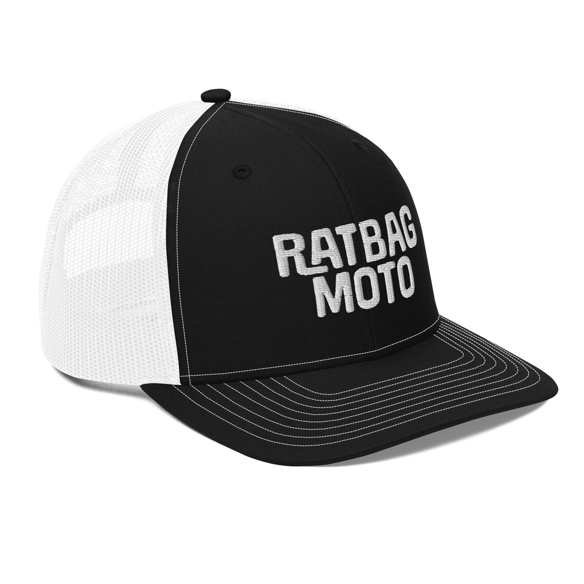 Three-quarter view of Black/White Ratbag Moto Trucker Cap with embroidered Ratbag Moto logomark