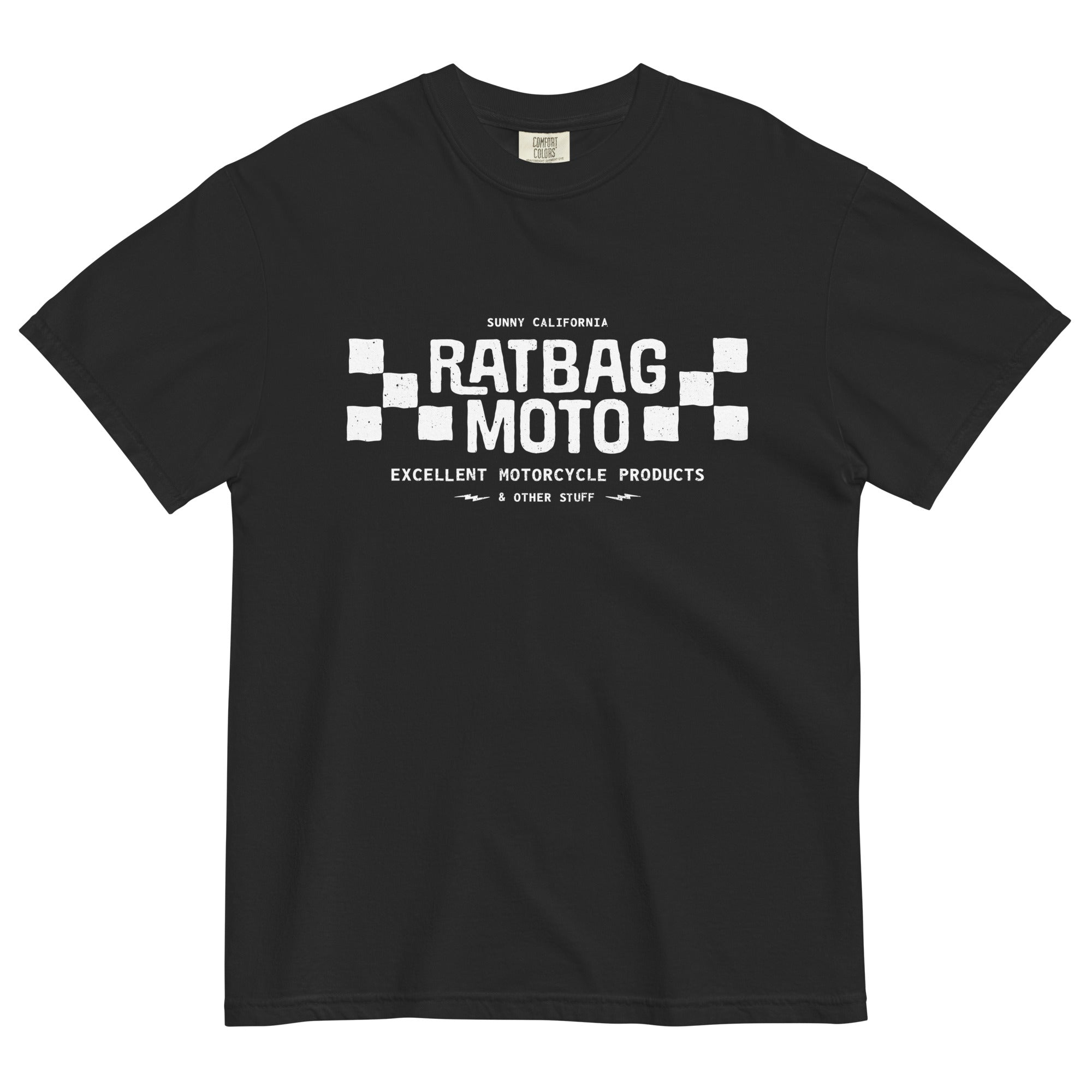 Ratbag Moto Logo Tee in Black with white checkered flag logo graphic