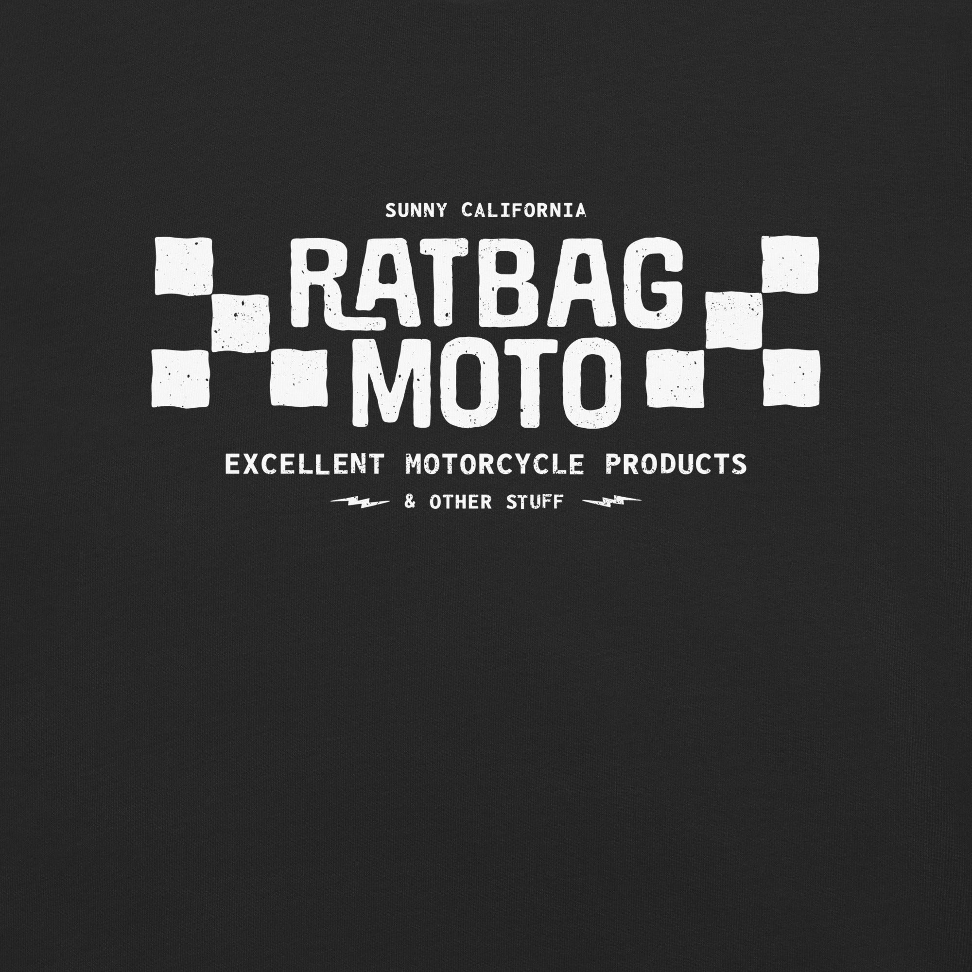 Close-up of white Ratbag Moto checkered flag graphic printed on black tee