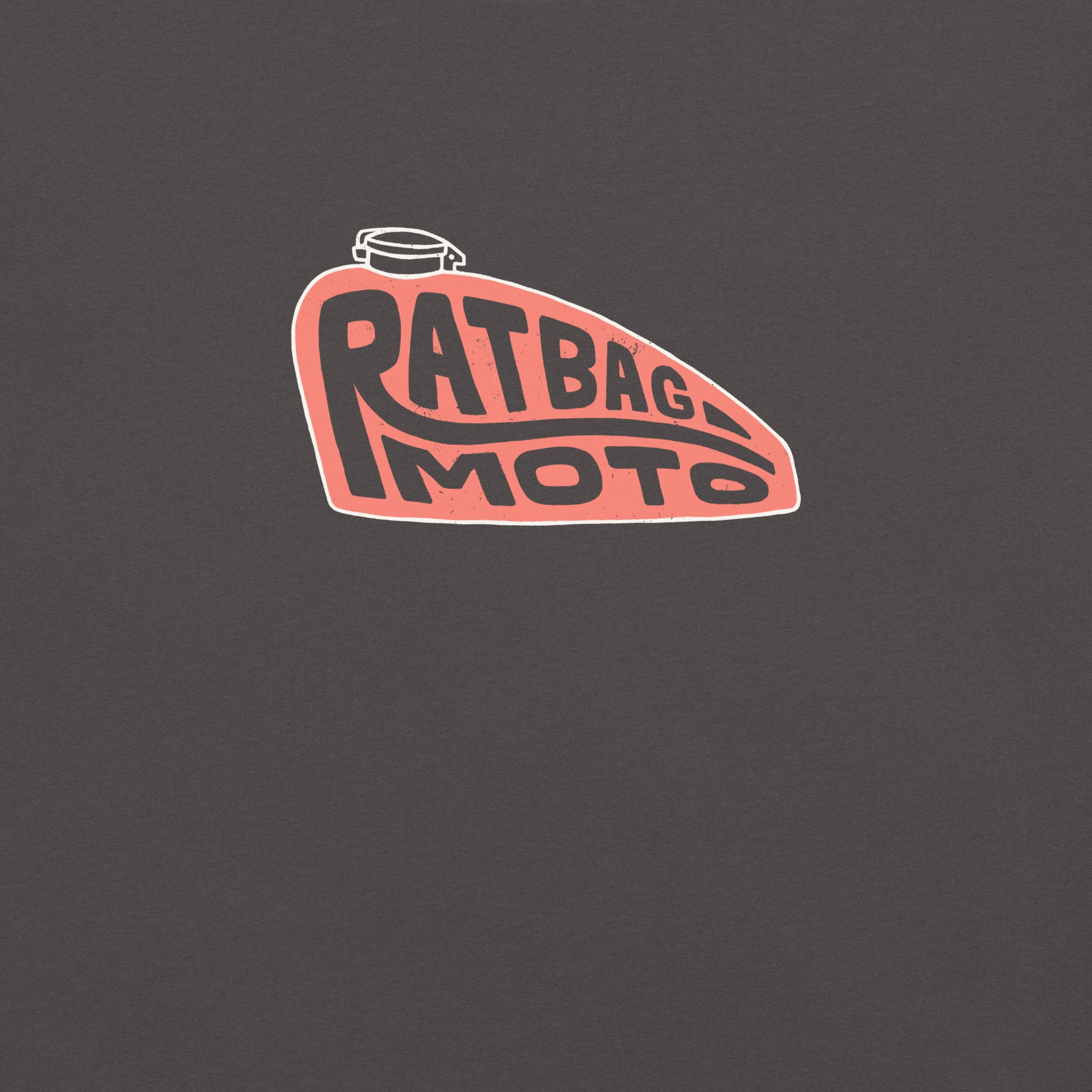 Close-up of hand-drawn motorcycle tank graphic with Ratbag Moto lettering printed on graphite tee