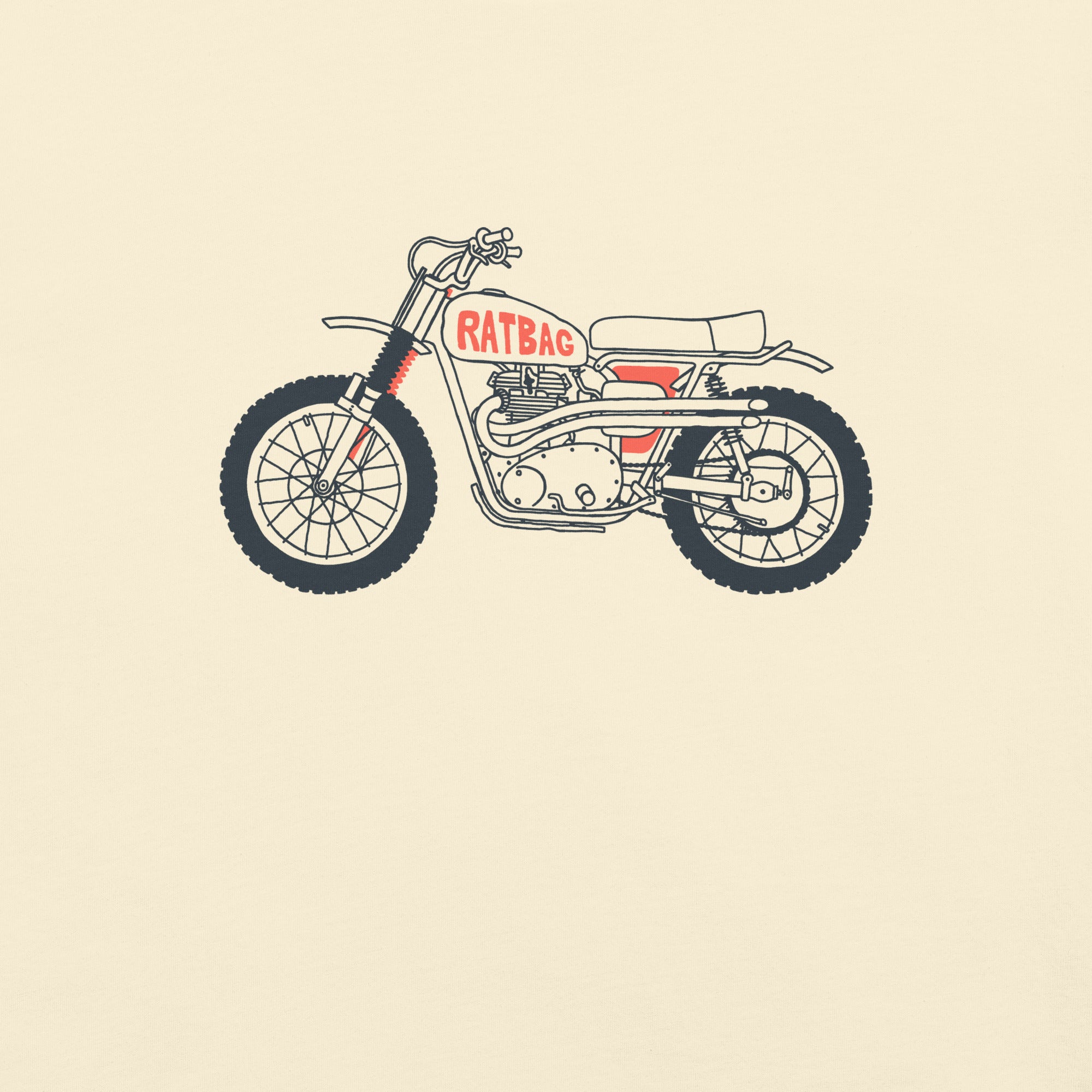 Close-up of hand-drawn desert race bike graphic printed on ivory tee