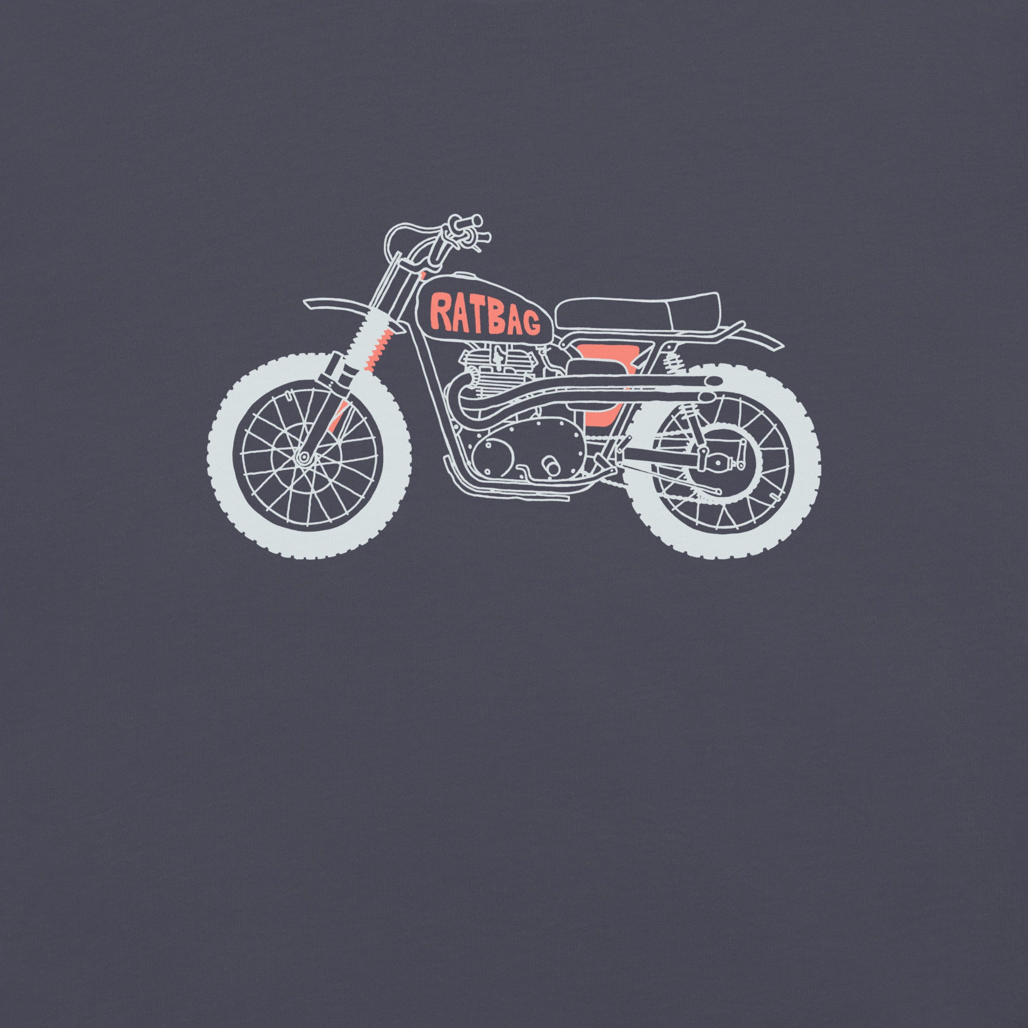 Close-up of hand-drawn desert race bike graphic printed on navy tee
