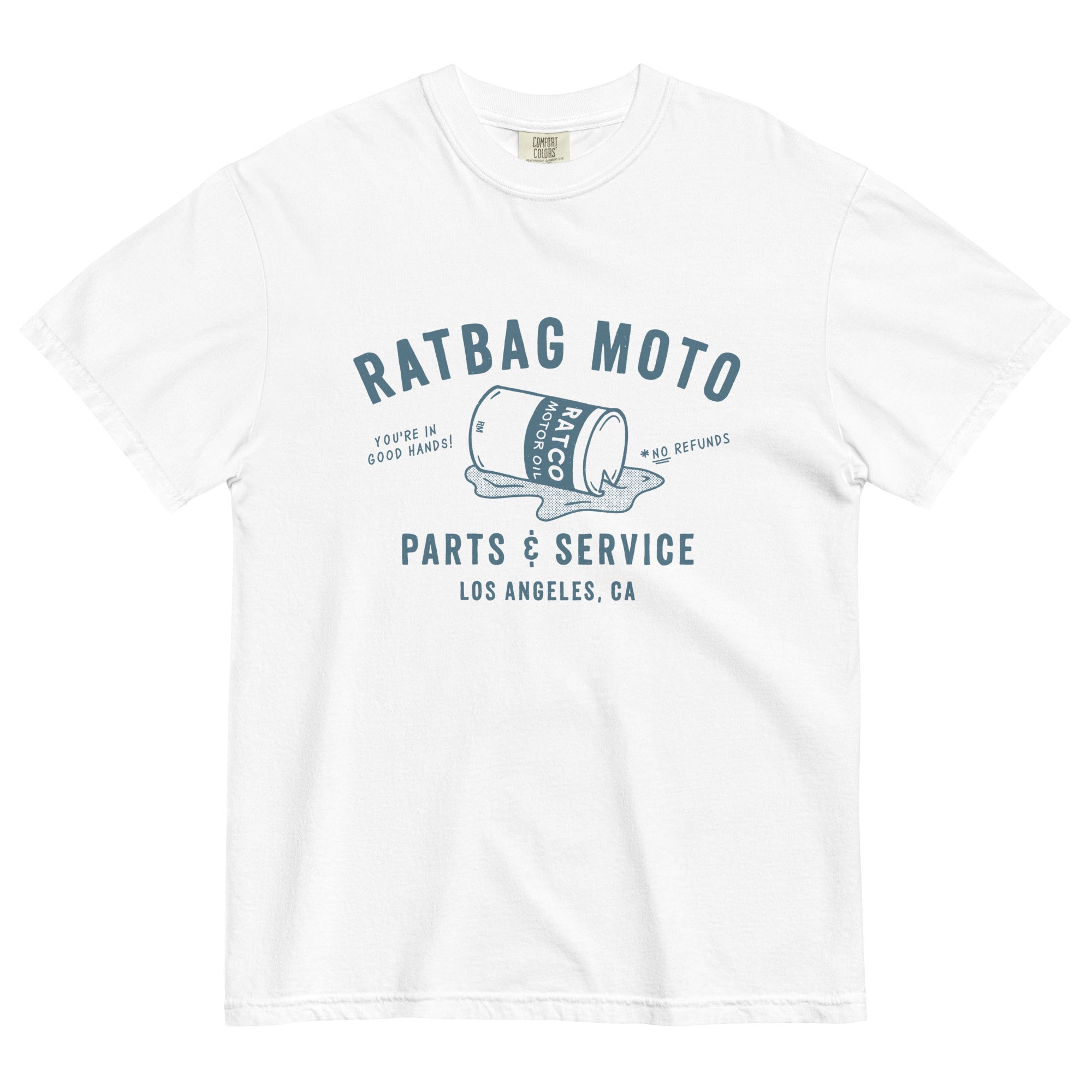 Parts & Service Tee in White with hand-drawn motorcycle shop lettering and vintage oil can graphic