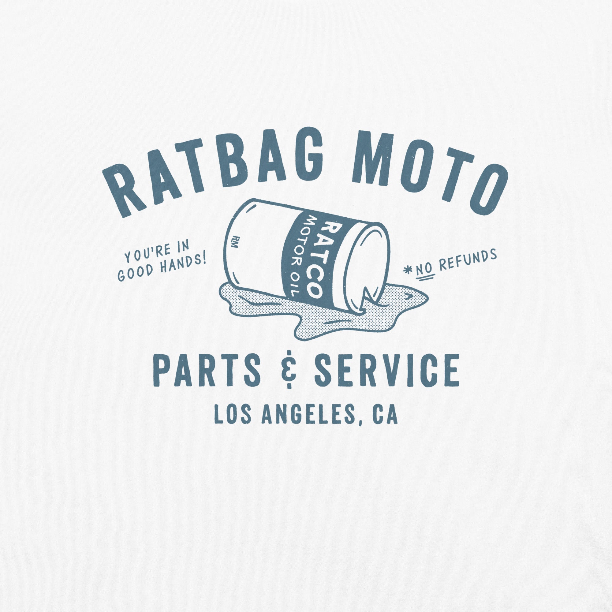 Close-up of hand-drawn Parts & Service lettering and vintage oil can graphic printed on white tee