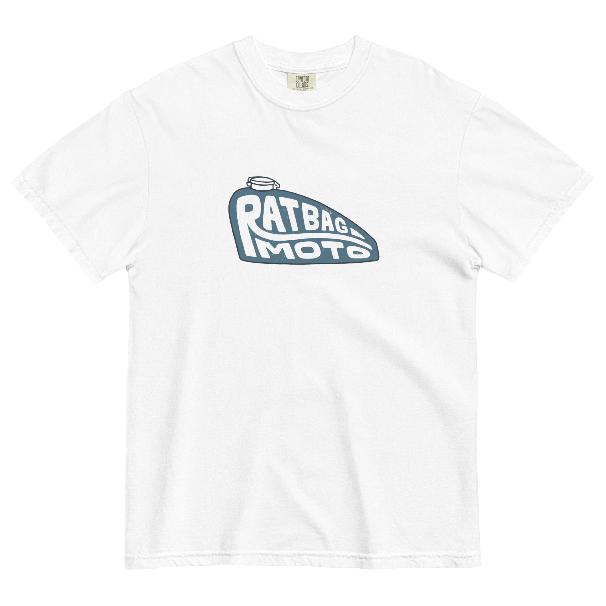 Peanut Tank Tee in White with hand-drawn motorcycle tank and Ratbag Moto lettering graphic