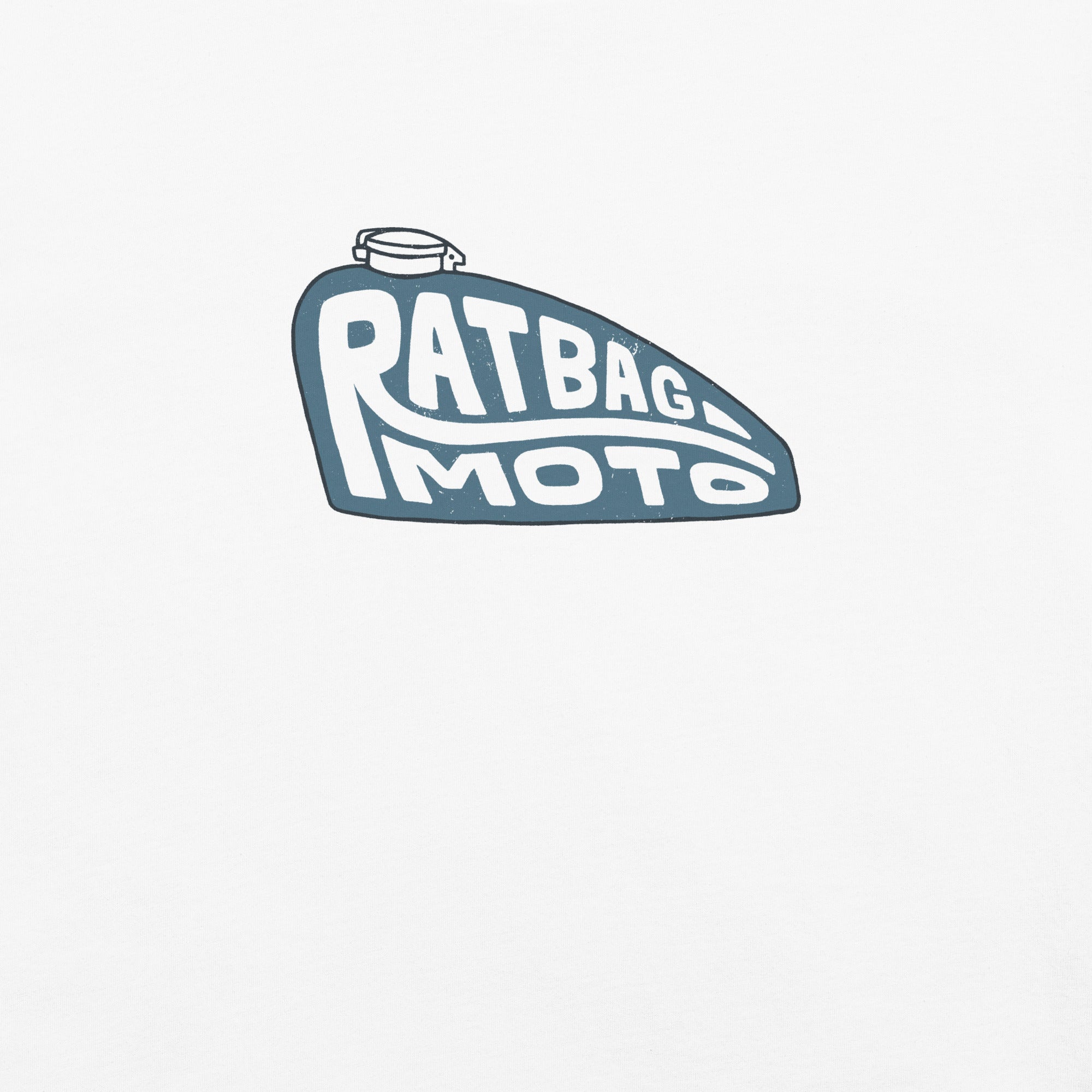 Close-up of hand-drawn motorcycle tank graphic with Ratbag Moto lettering printed on white tee