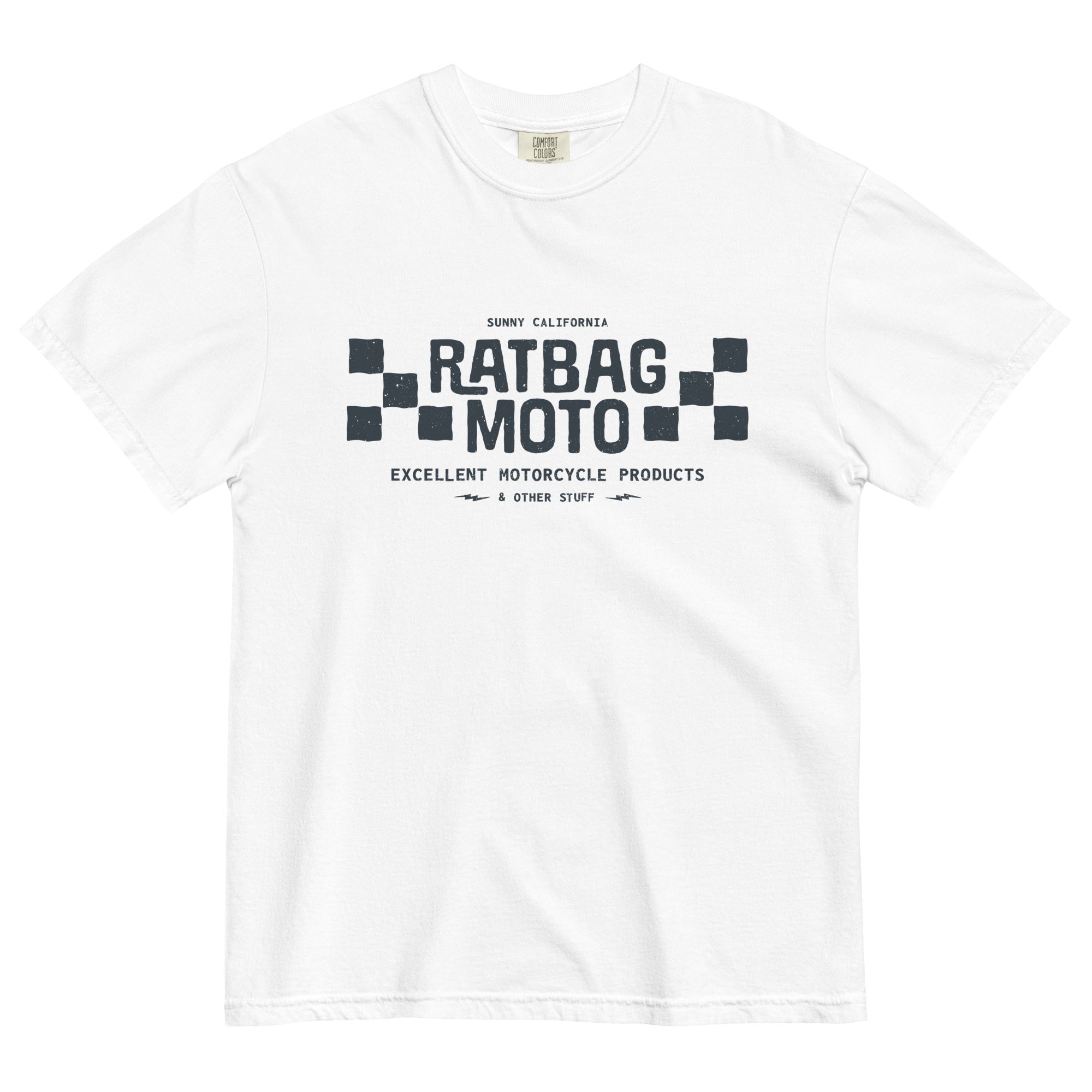 Ratbag Moto Logo Tee in White with black checkered flag logo graphic