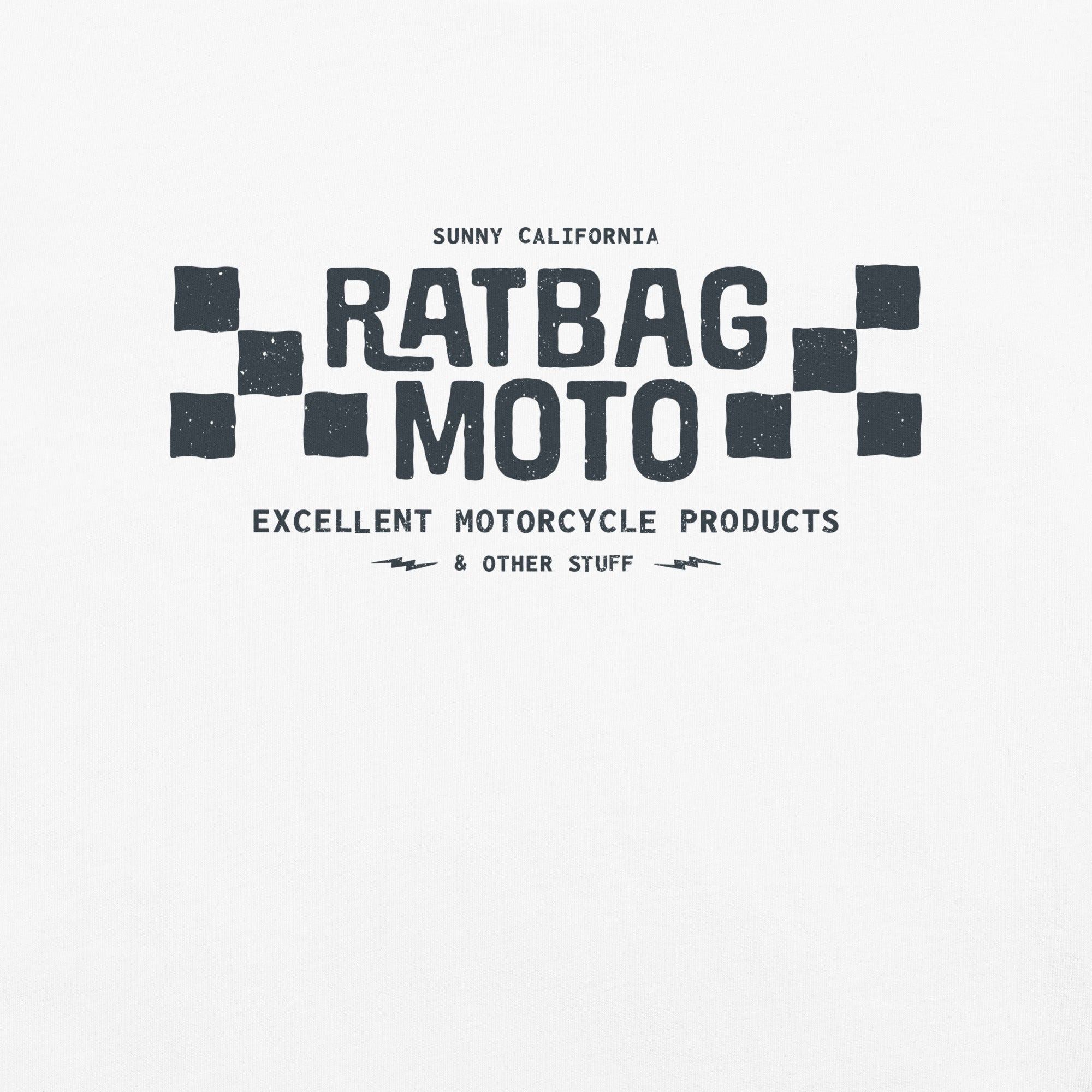 Close-up of black Ratbag Moto checkered flag graphic printed on white tee