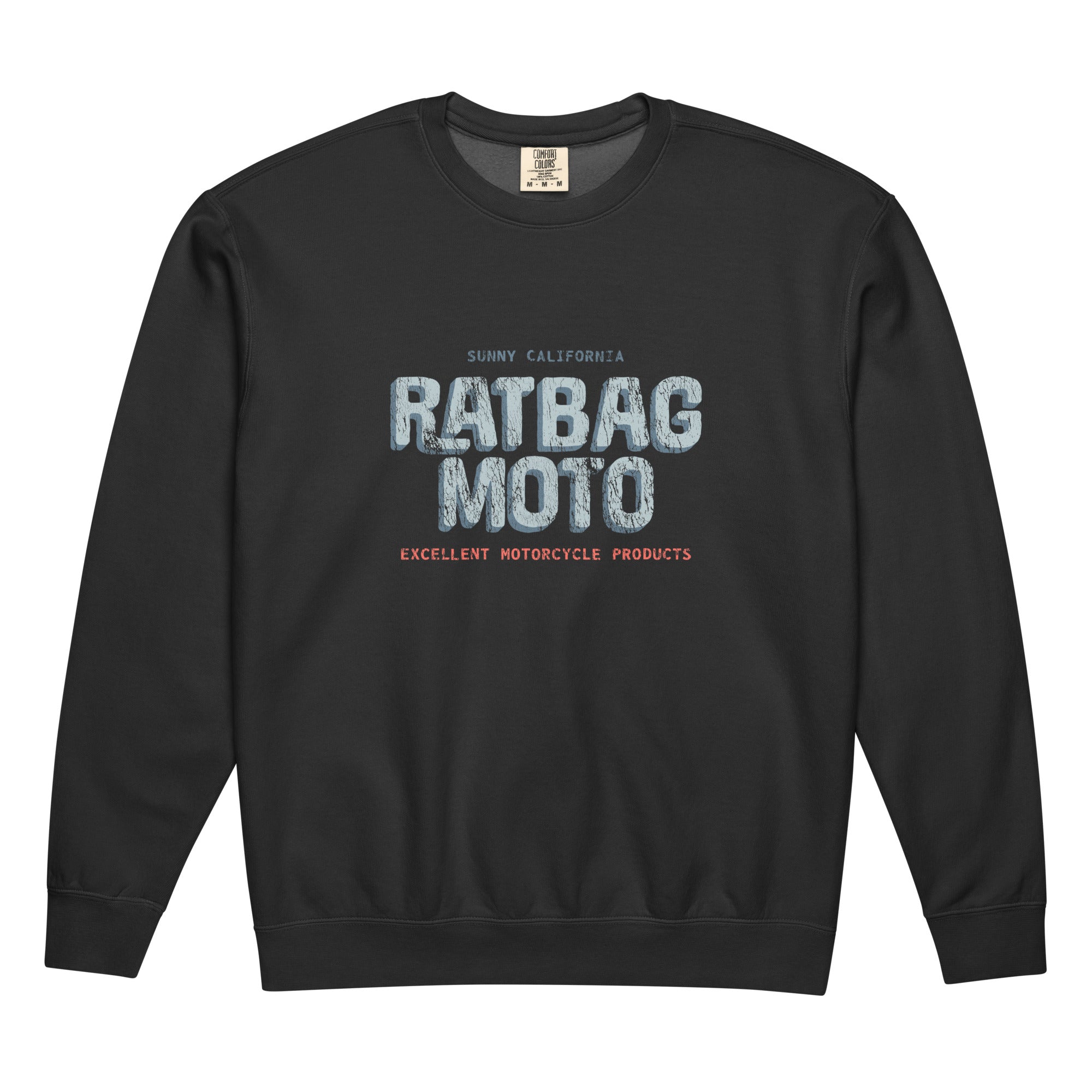 Ratbag Moto Distressed Crewneck Sweatshirt in Black with vintage-inspired 3D logo graphic