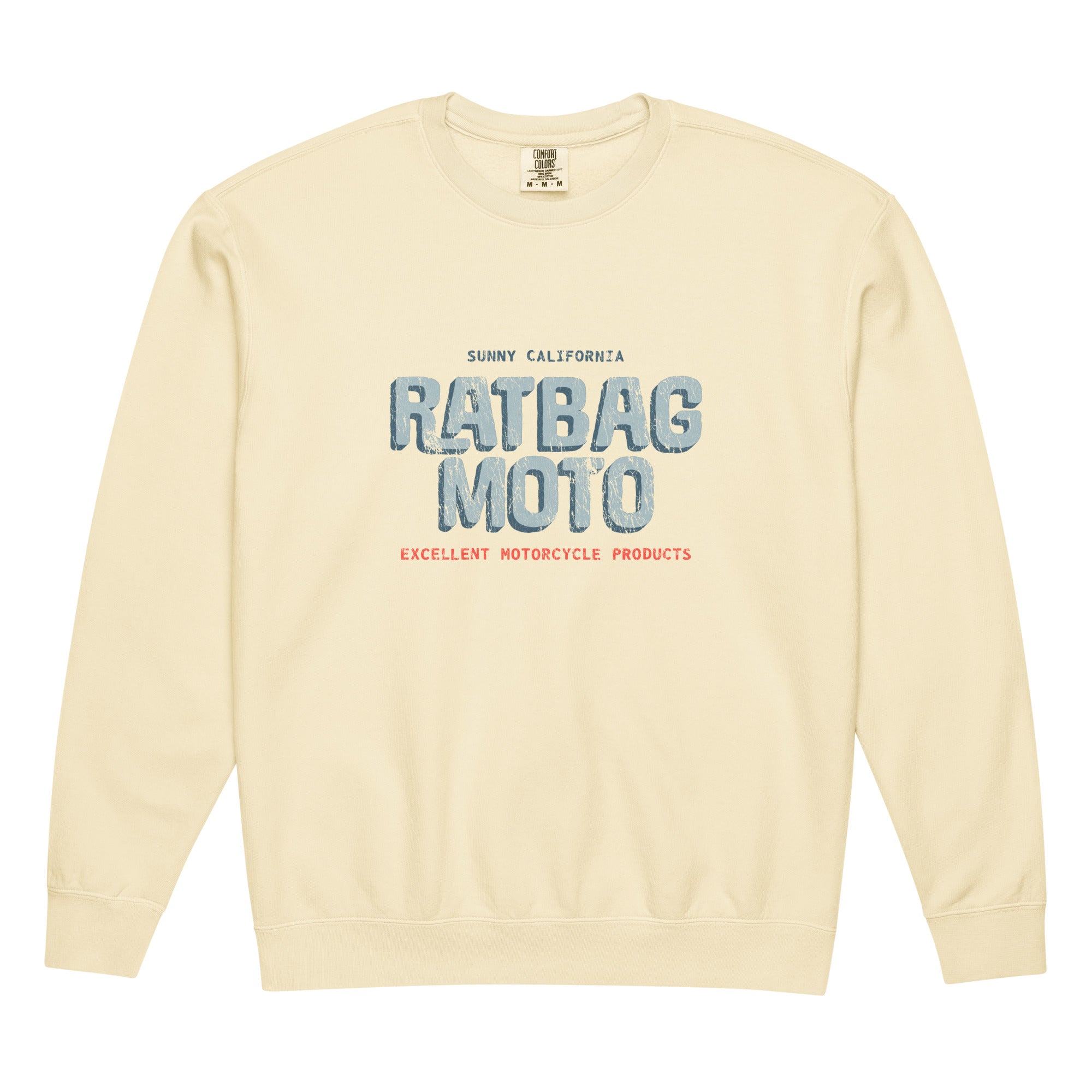 Ratbag Moto Distressed Crewneck Sweatshirt in Ivory with vintage-inspired 3D logo graphic