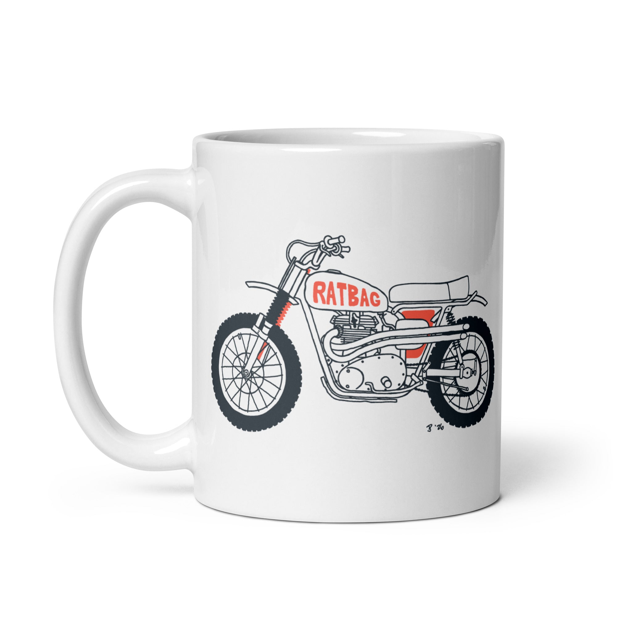 Desert Sled Mug with hand-drawn California desert race bike artwork on white 11 oz mug