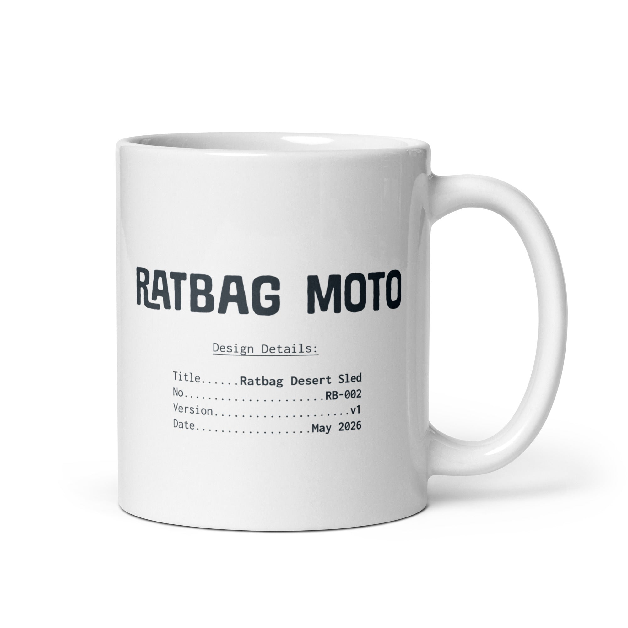 Desert Sled Mug showing Ratbag Moto logo and desert sled design text on white 11 oz mug