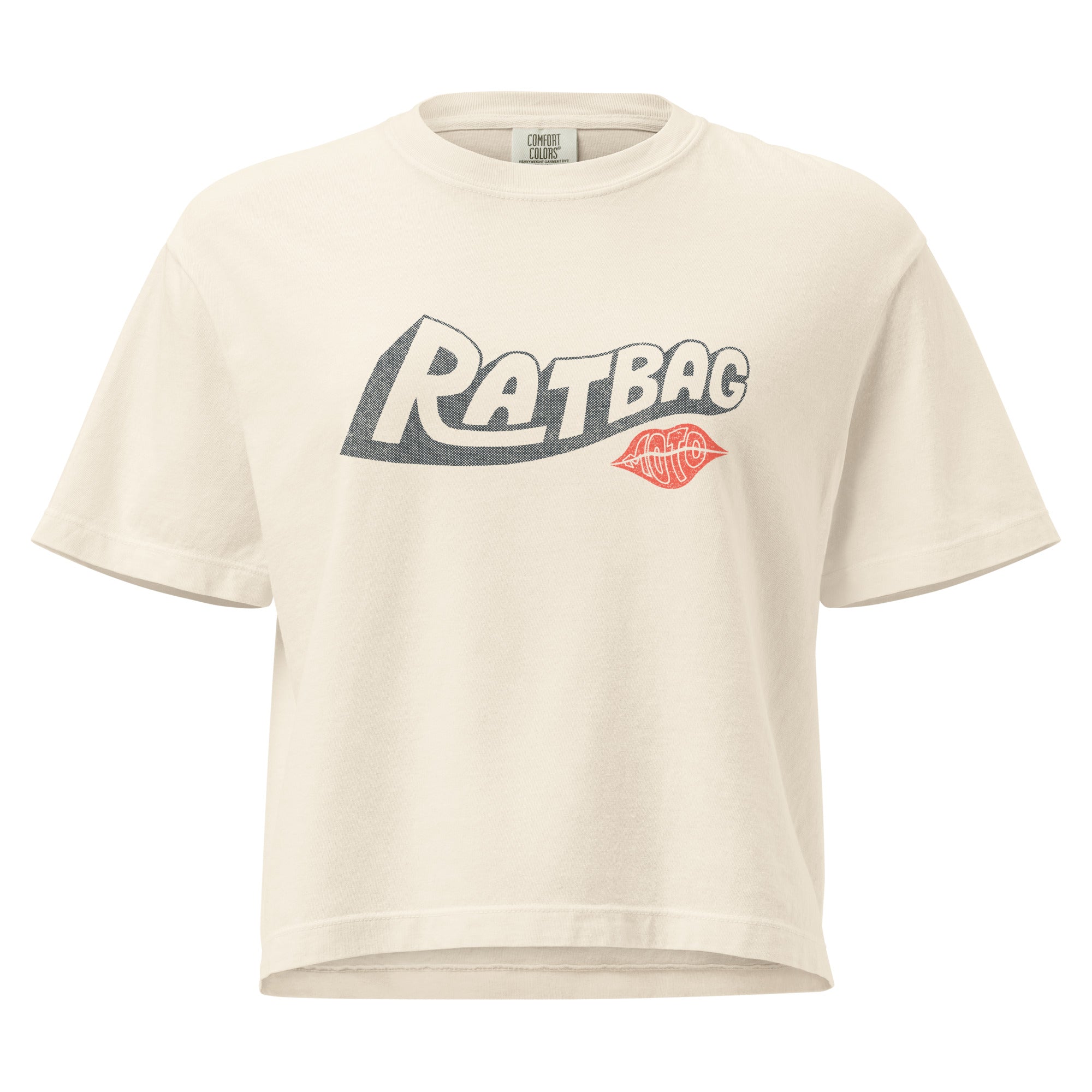 Ratbag Smooch Tee in Ivory with hand-drawn Ratbag lettering and lipstick kiss graphic