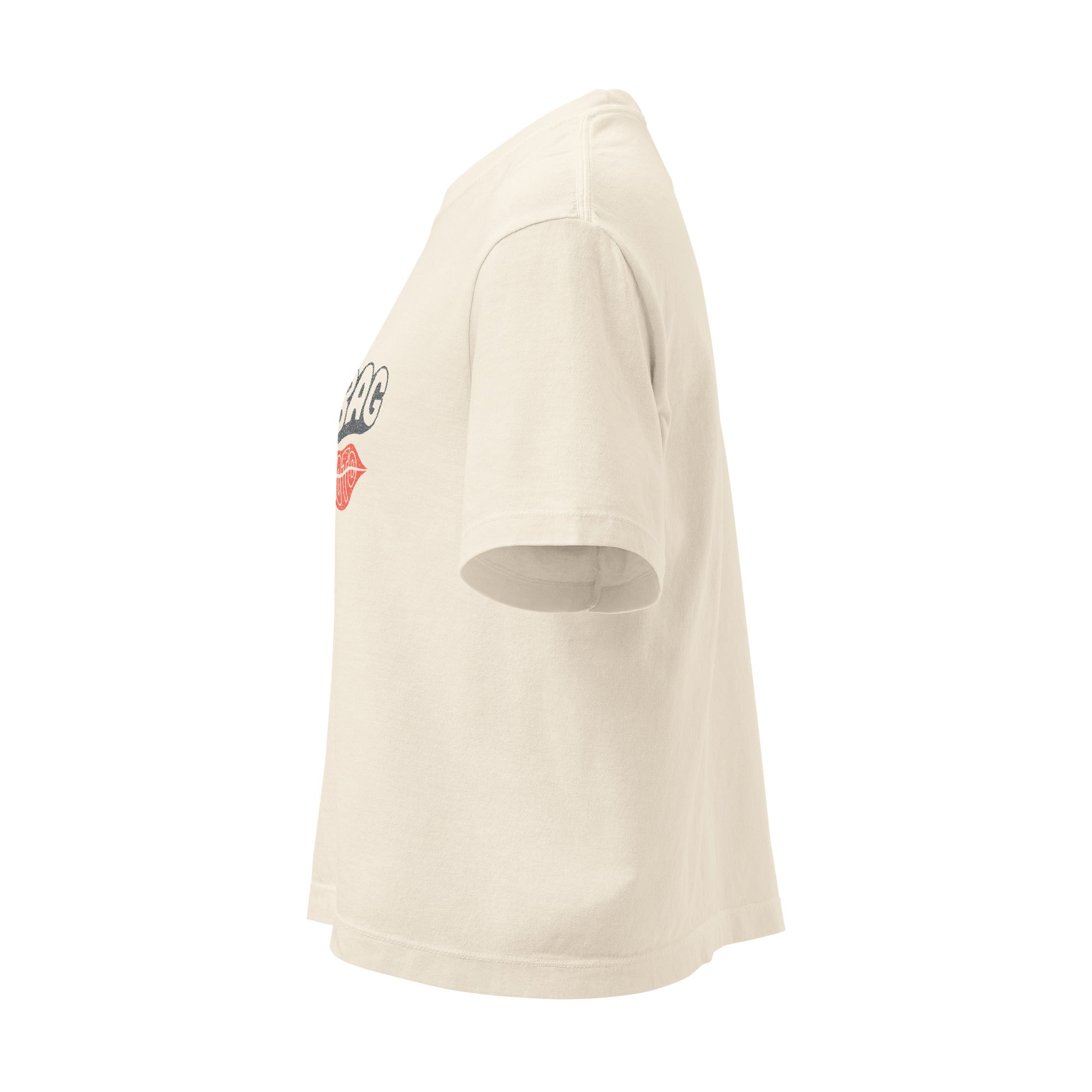 Left side view of Ivory Ratbag Smooch Tee with boxy fit