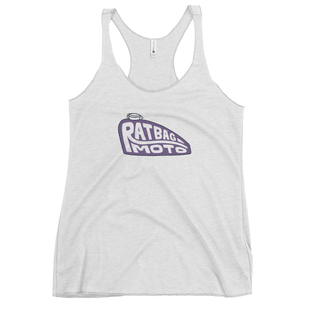 Heather White women's racerback tank with purple Ratbag Moto peanut motorcycle tank graphic on the front