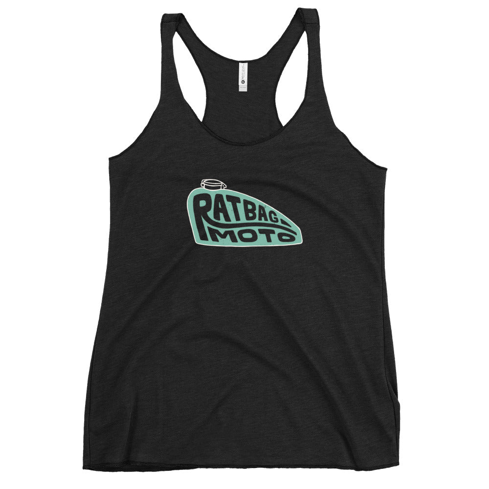 Vintage Black women's racerback tank with seafoam Ratbag Moto peanut motorcycle tank graphic on the front